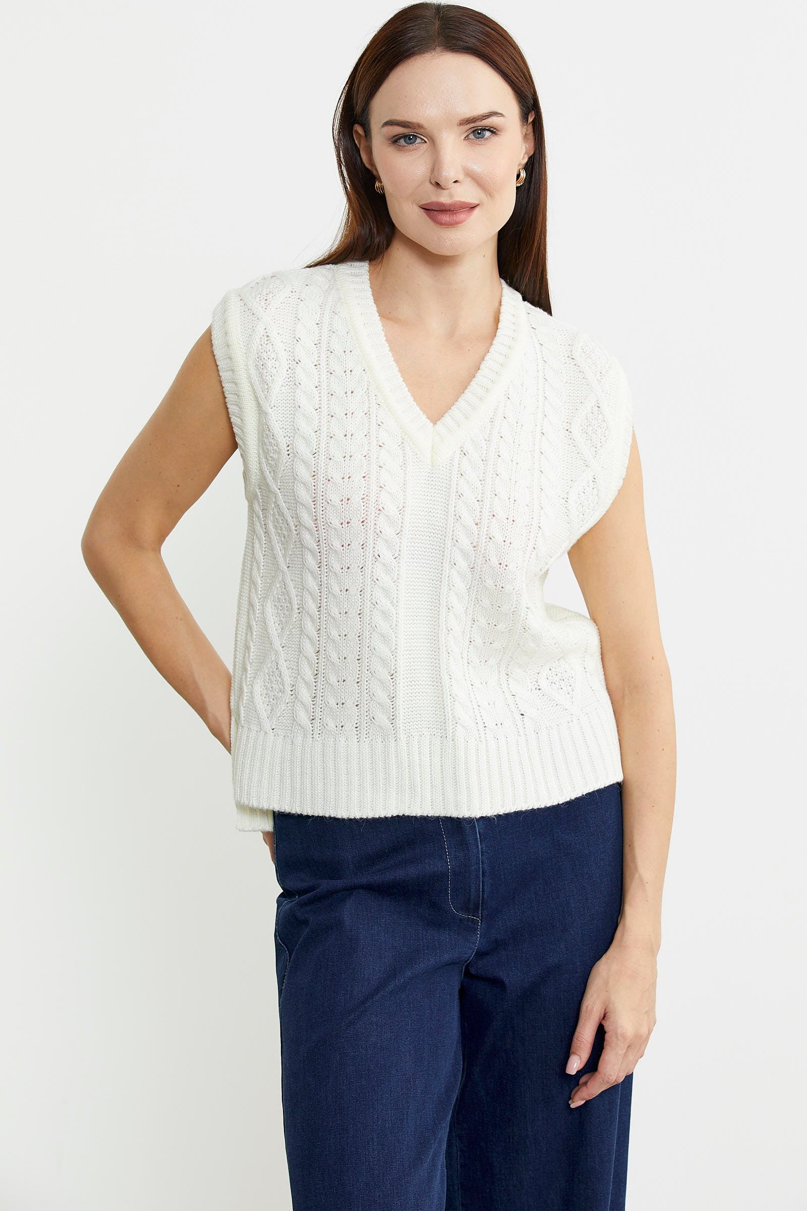 Saç Örgülü Arkası Uzun Yünlü Triko Süveter - Kemik - Sementa