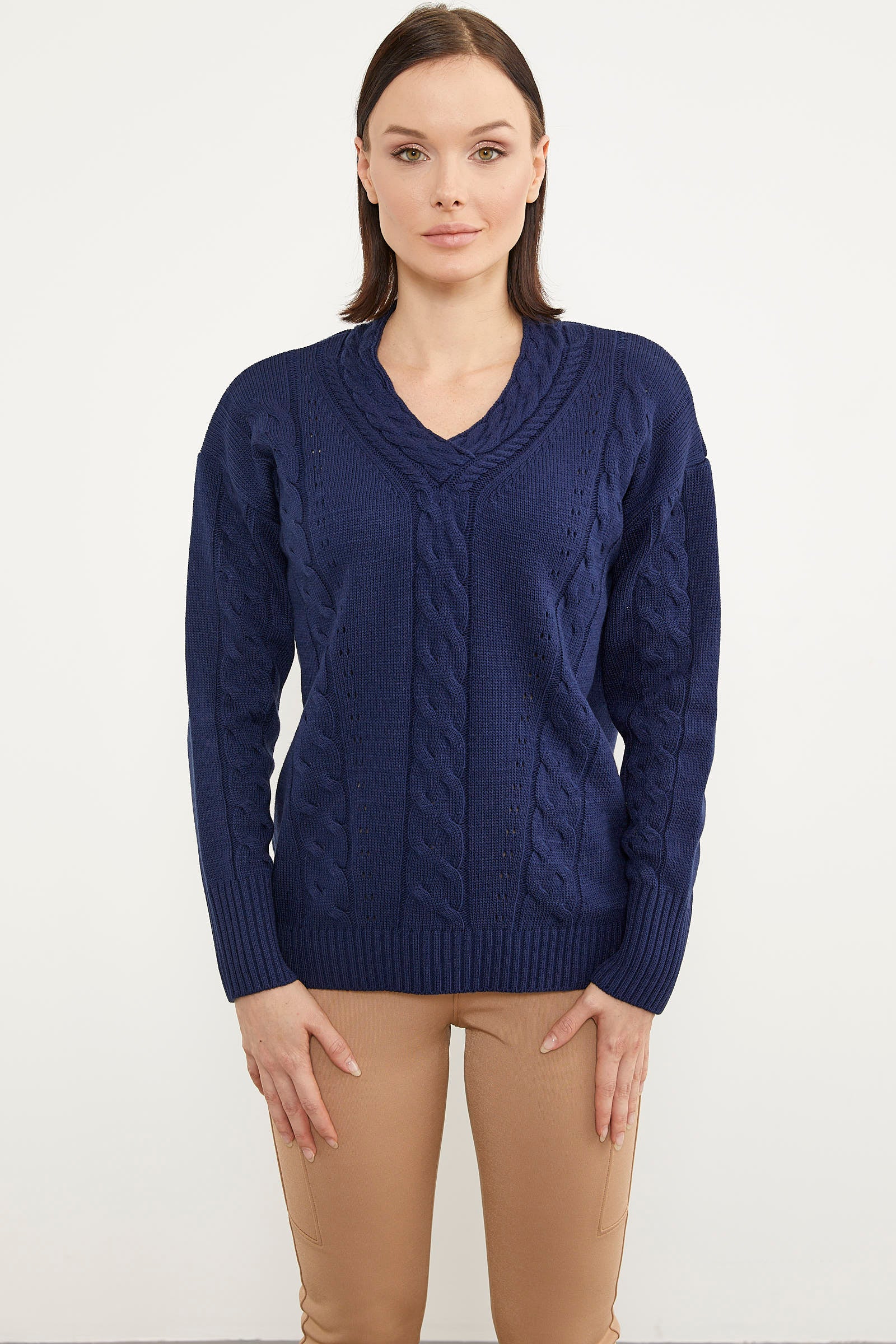 Saç Örgülü V Yaka Triko Kazak - Lacivert (1) Sementa