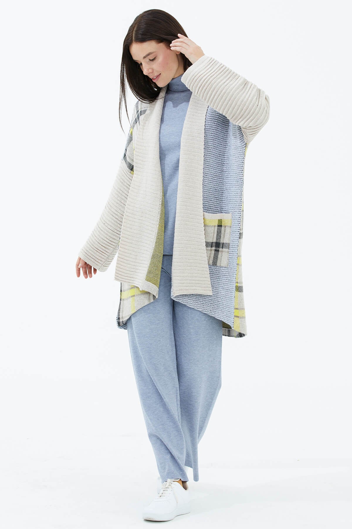 Şal Yaka Cepli Triko Hırka - Bej (2) Sementa