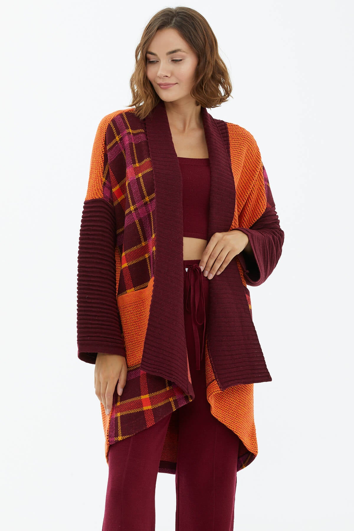 Şal Yaka Cepli Triko Hırka - Bordo (2) Sementa