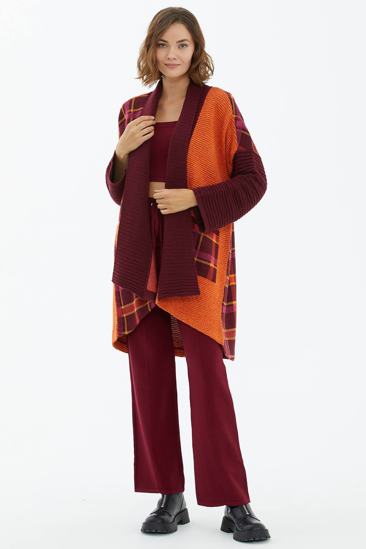 Şal Yaka Cepli Triko Hırka - Bordo (3) Sementa