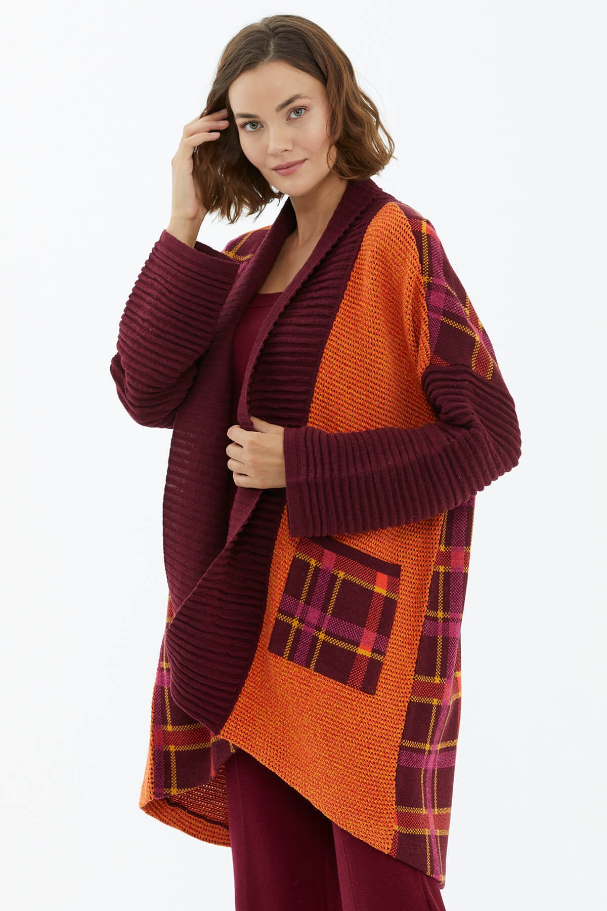 Şal Yaka Cepli Triko Hırka - Bordo (4) Sementa