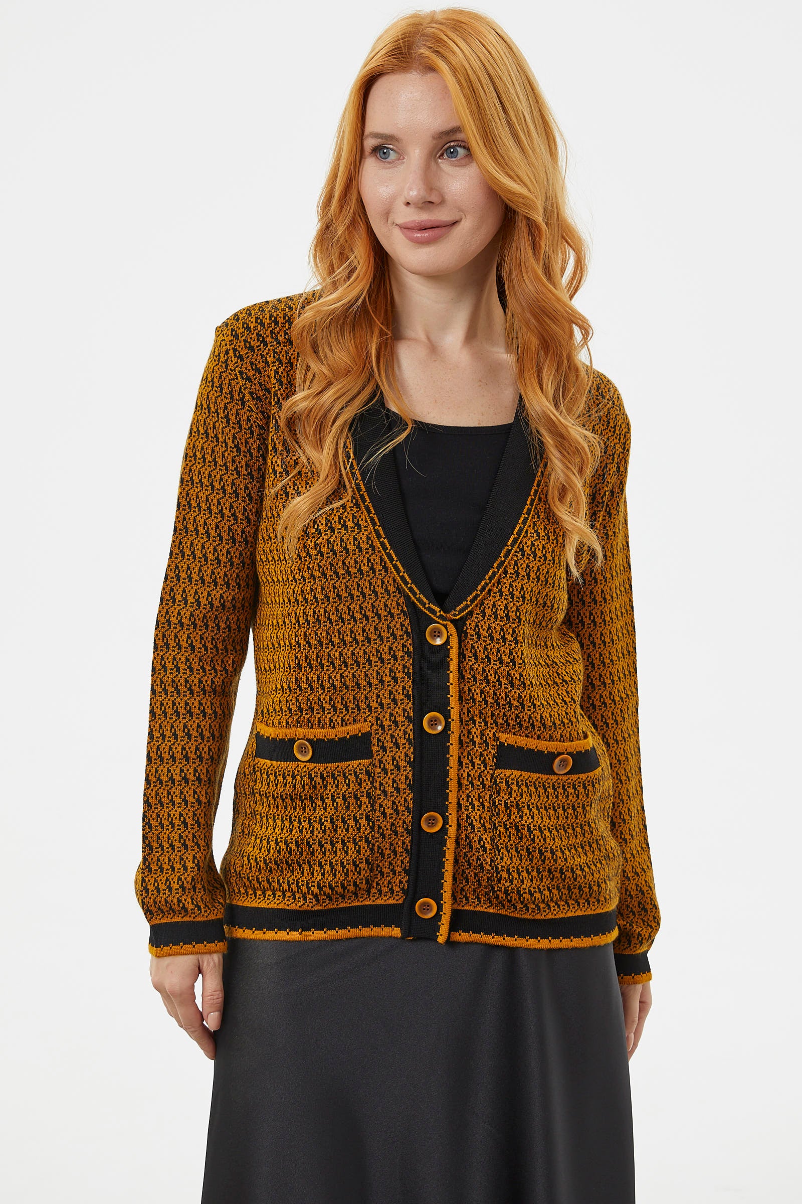 Şal Yaka Çift Renk Triko Ceket - Hardal (2) Sementa