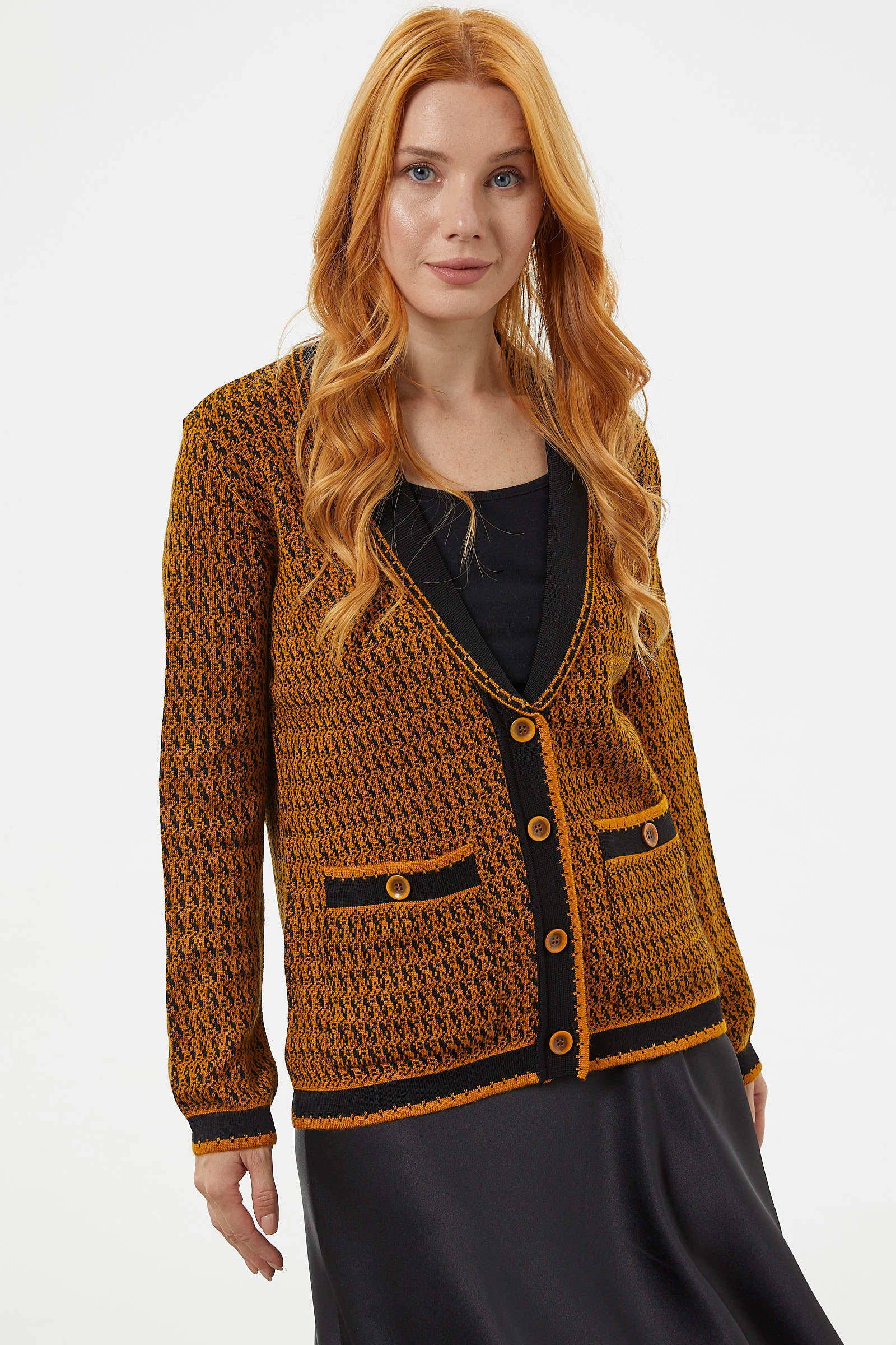 Şal Yaka Çift Renk Triko Ceket - Hardal (3) Sementa