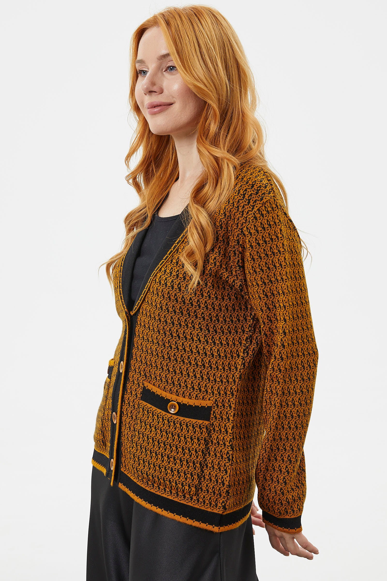 Şal Yaka Çift Renk Triko Ceket - Hardal (4) Sementa