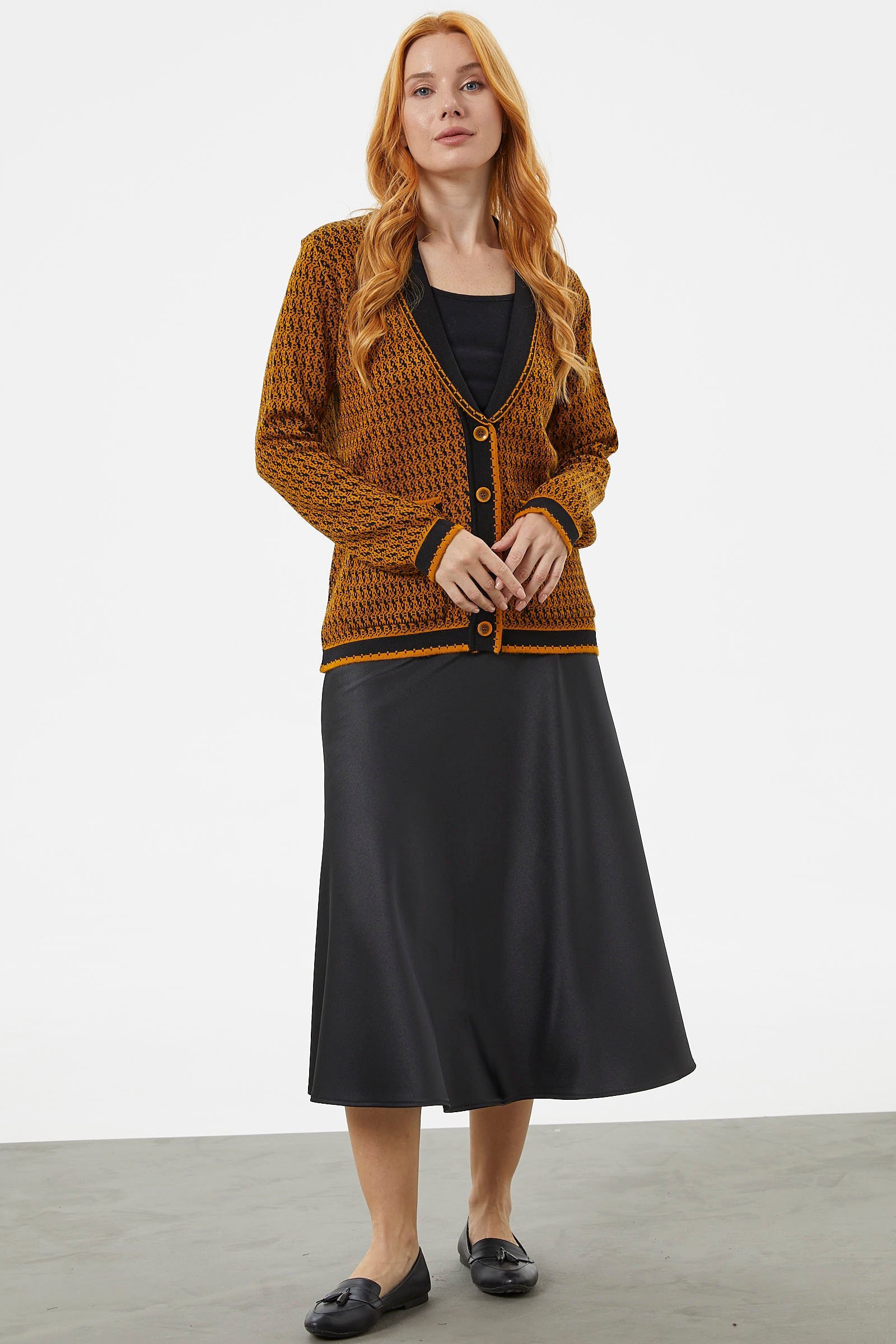 Şal Yaka Çift Renk Triko Ceket - Hardal (5) Sementa