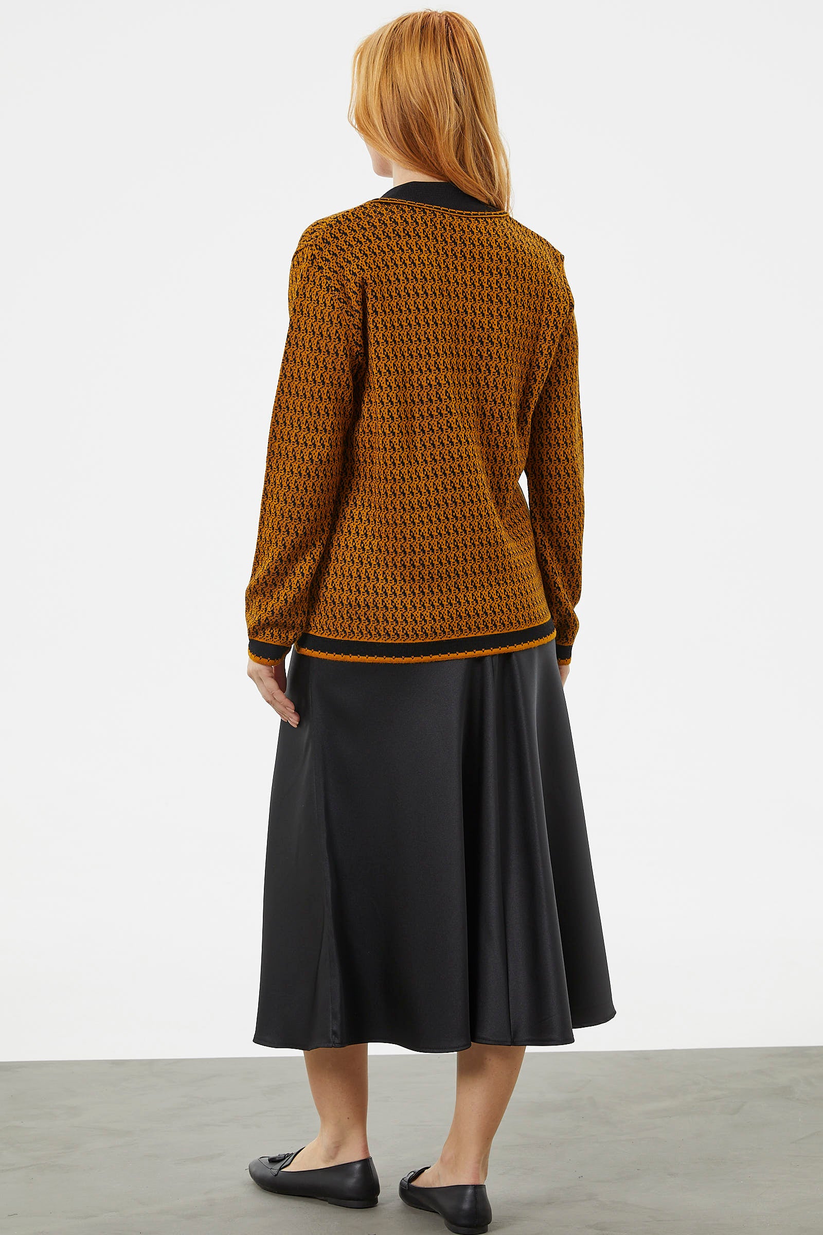 Şal Yaka Çift Renk Triko Ceket - Hardal (7) Sementa