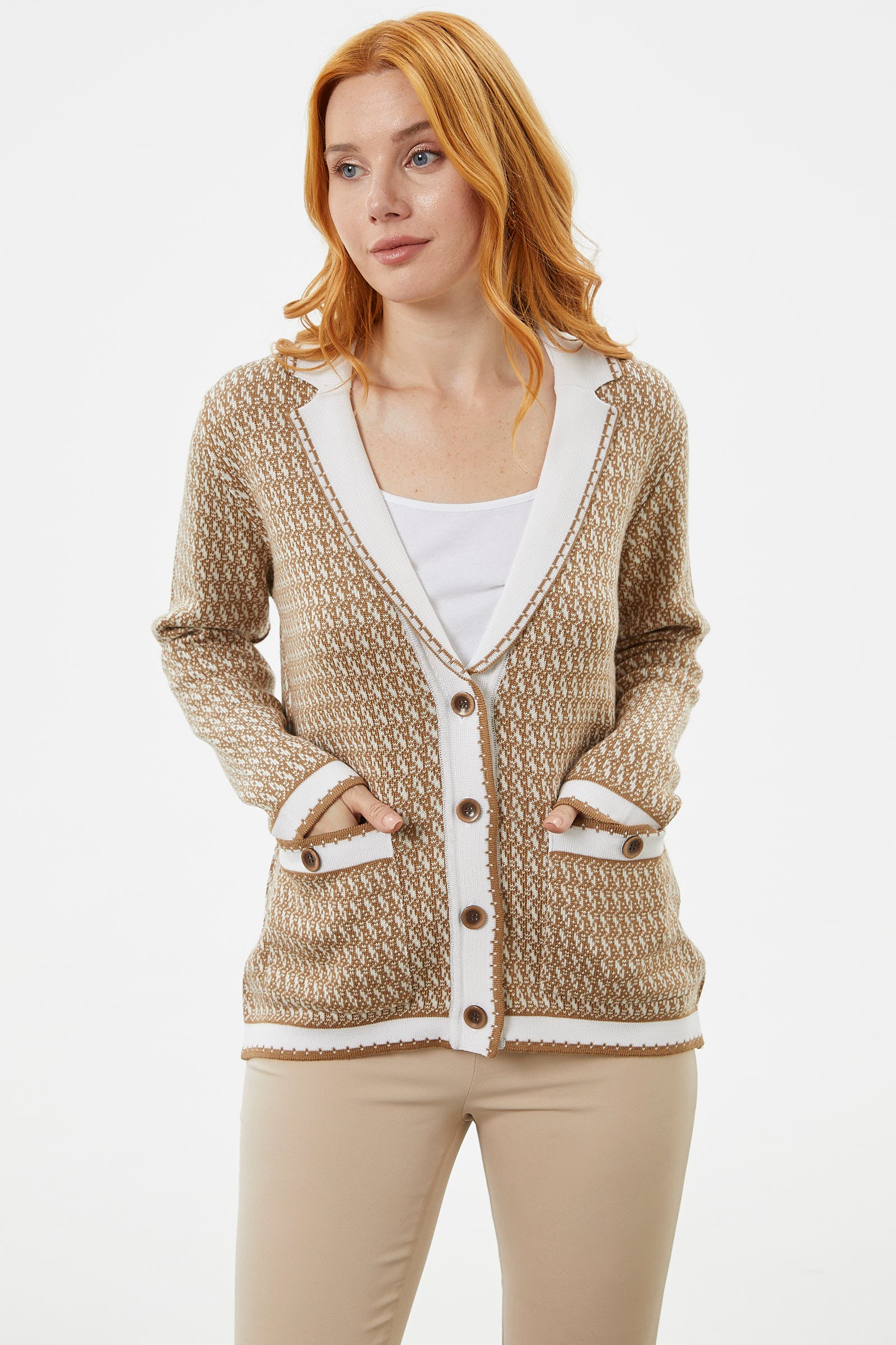 Şal Yaka Çift Renk Triko Ceket - Kamel (2) Sementa