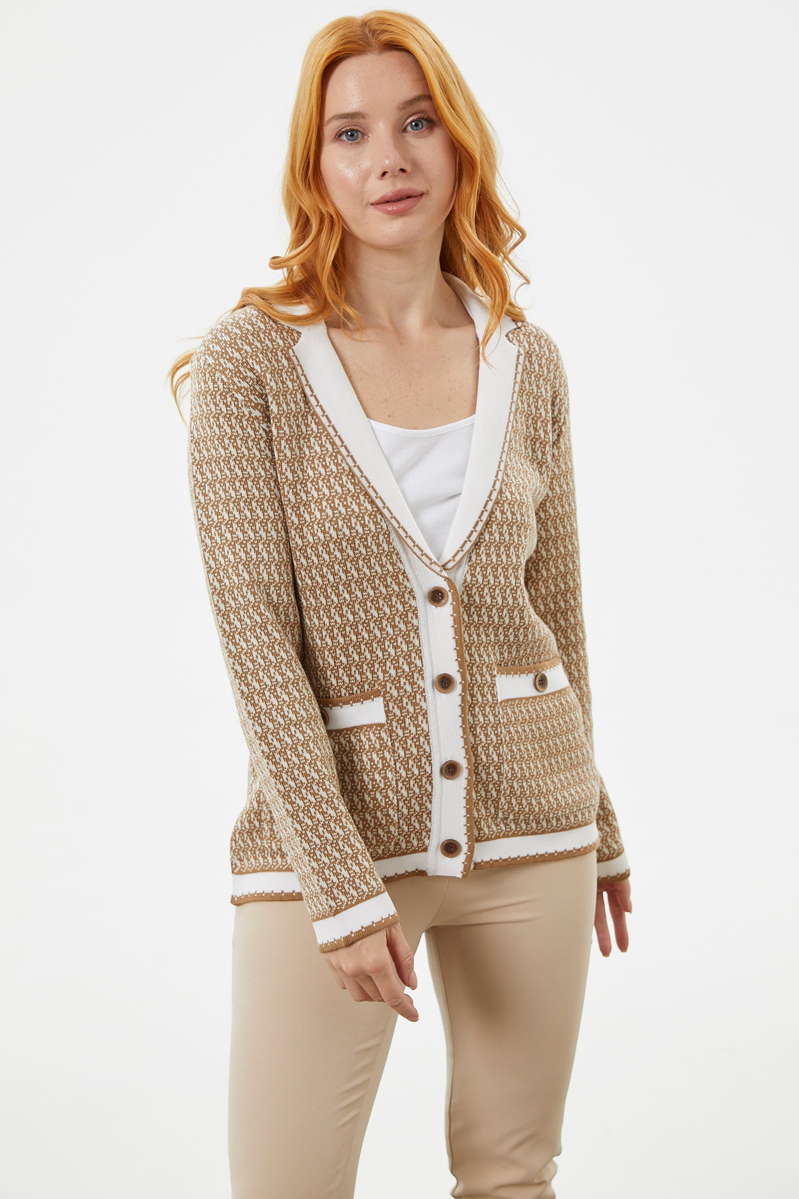 Şal Yaka Çift Renk Triko Ceket - Kamel (3) Sementa