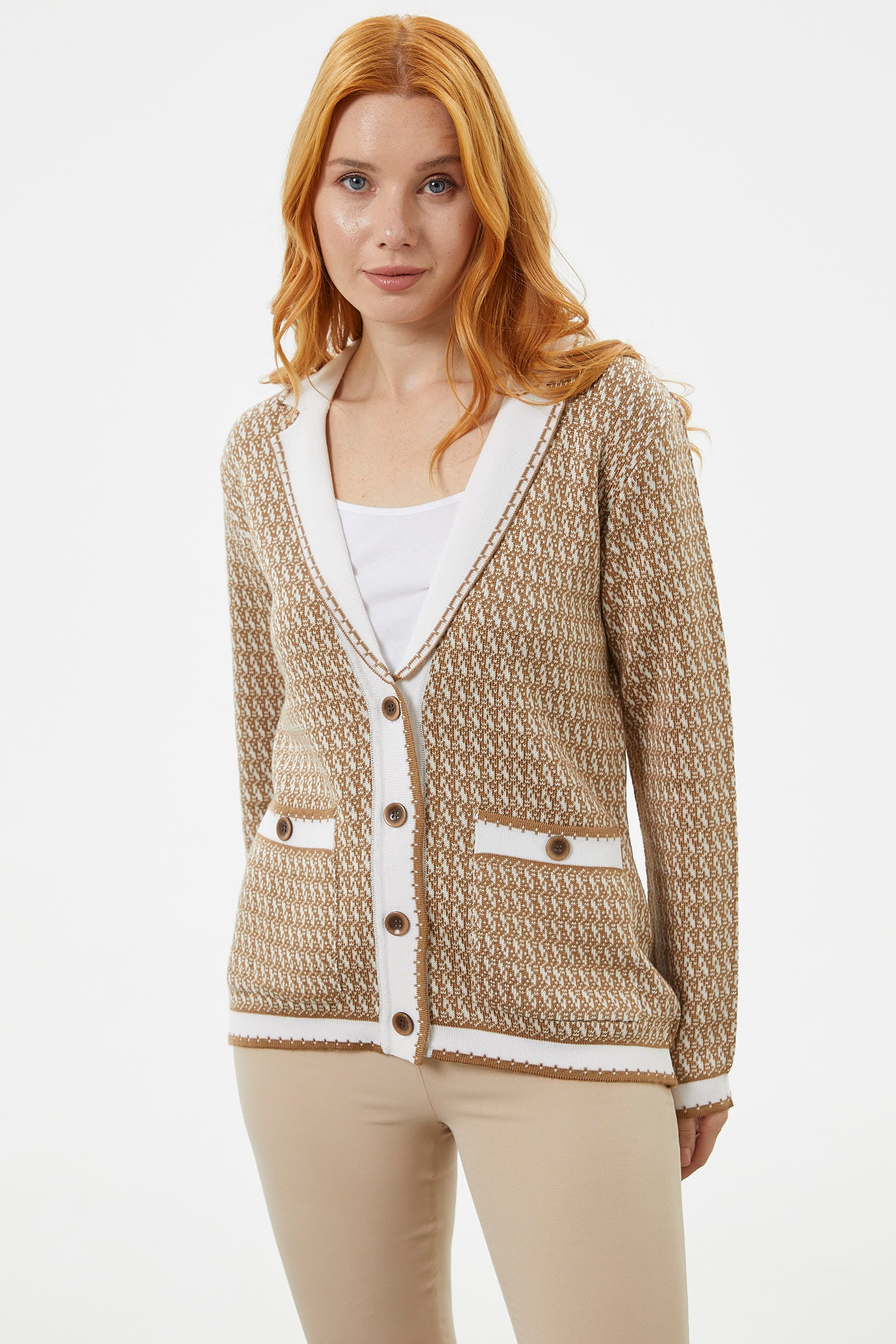 Şal Yaka Çift Renk Triko Ceket - Kamel (4) Sementa