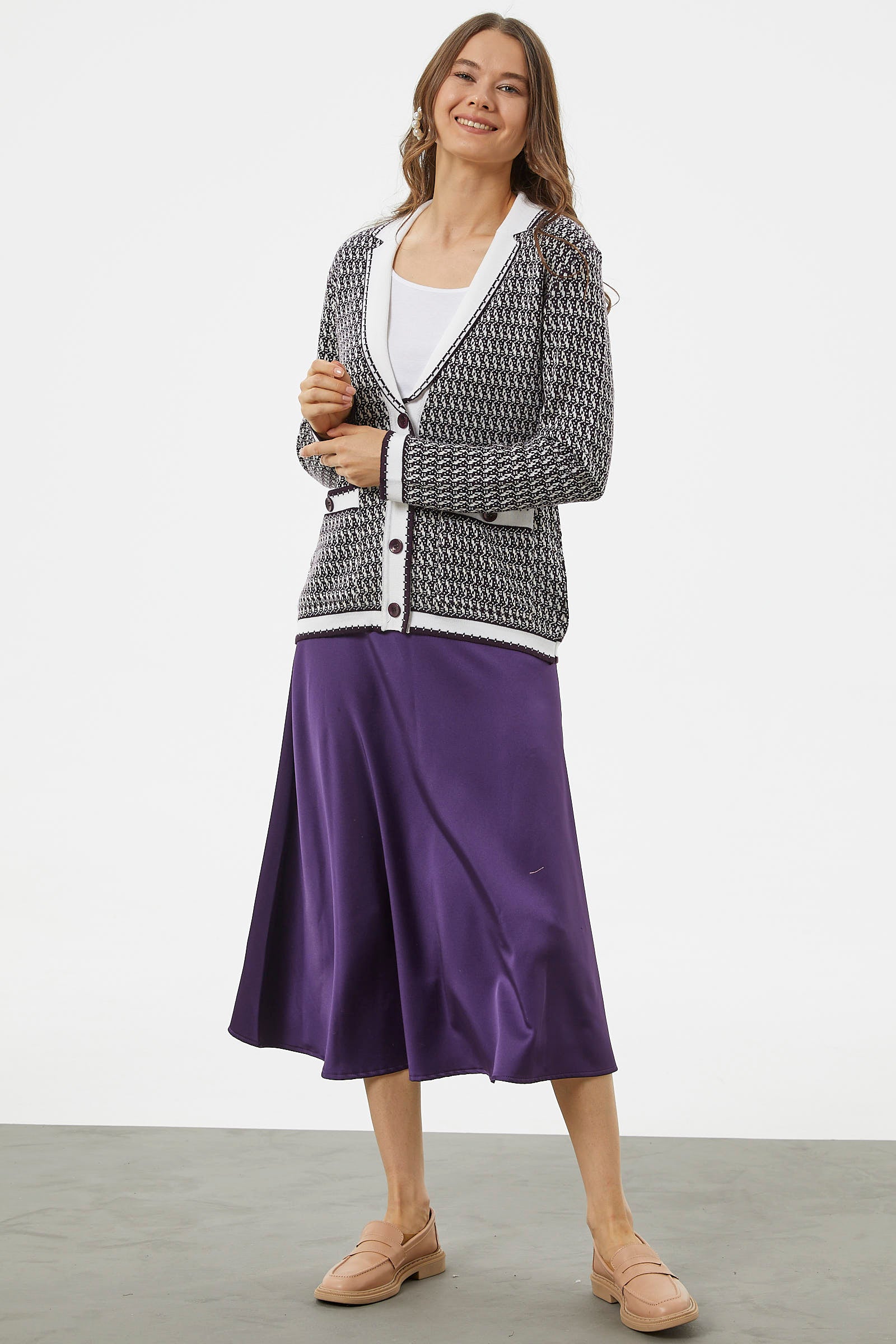 Şal Yaka Çift Renk Triko Ceket - Mürdüm (2) Sementa