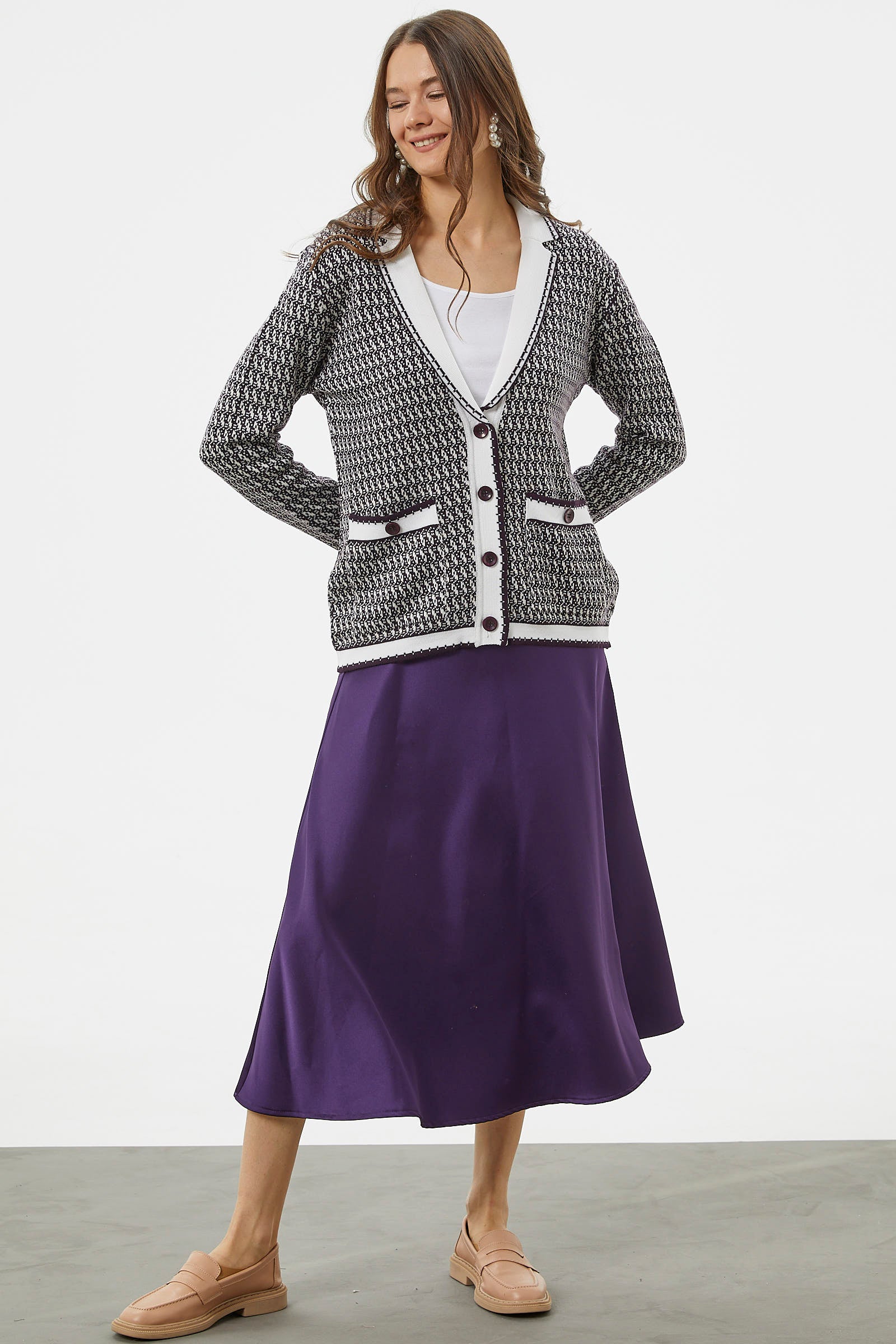 Şal Yaka Çift Renk Triko Ceket - Mürdüm (3) Sementa