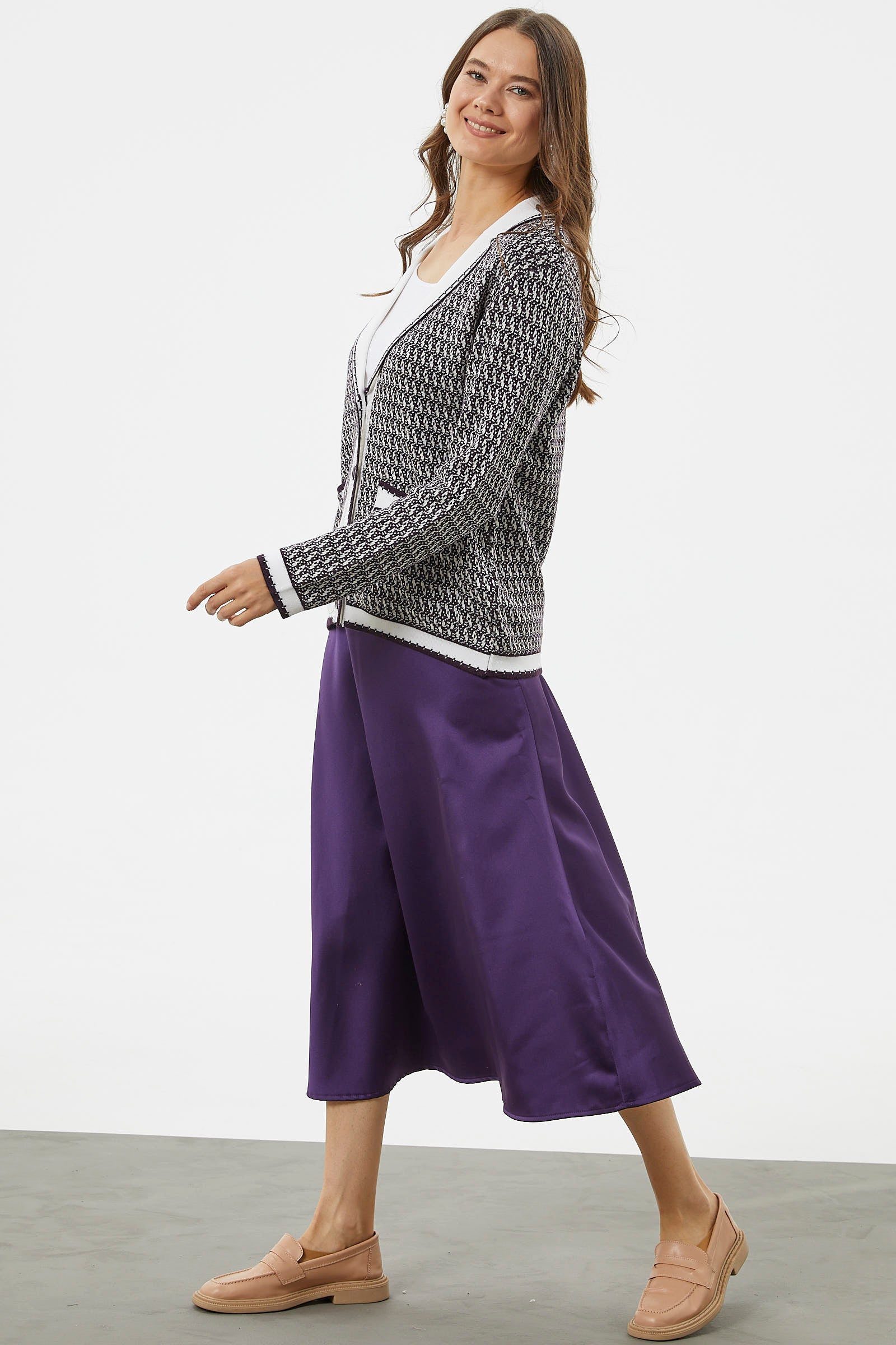 Şal Yaka Çift Renk Triko Ceket - Mürdüm (4) Sementa