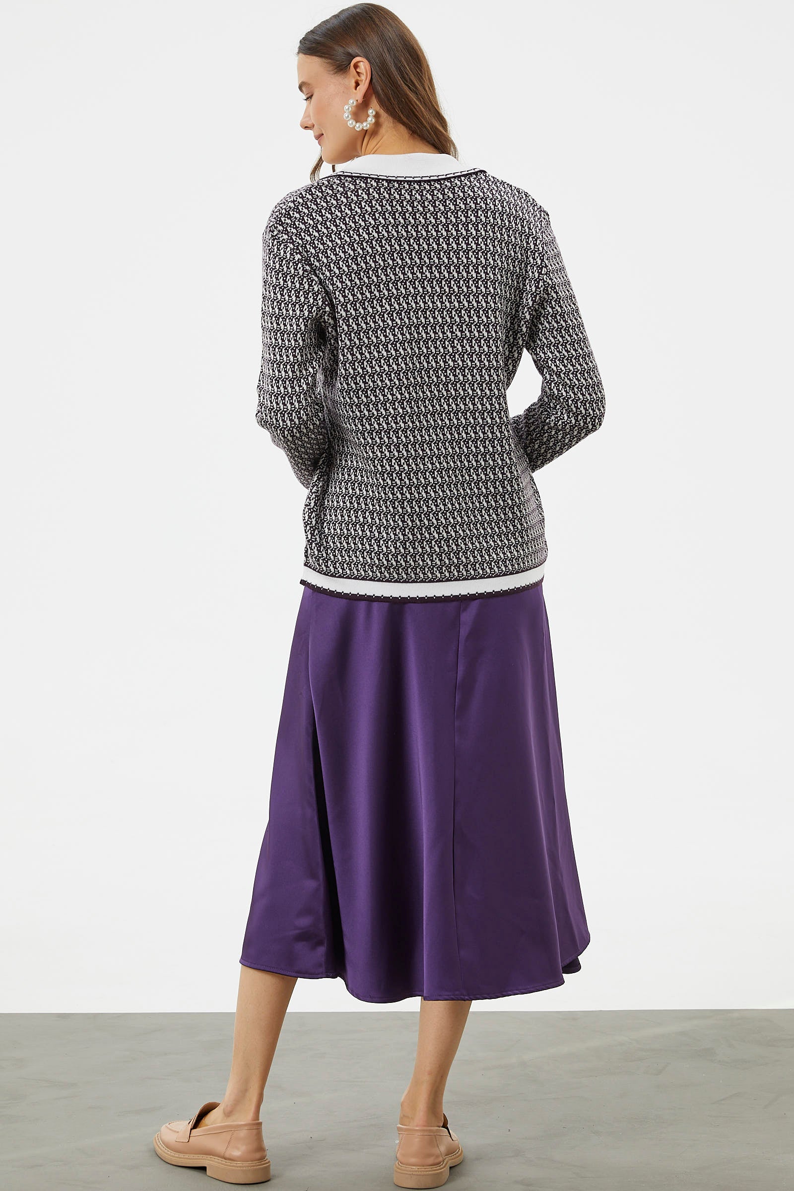 Şal Yaka Çift Renk Triko Ceket - Mürdüm (6) Sementa