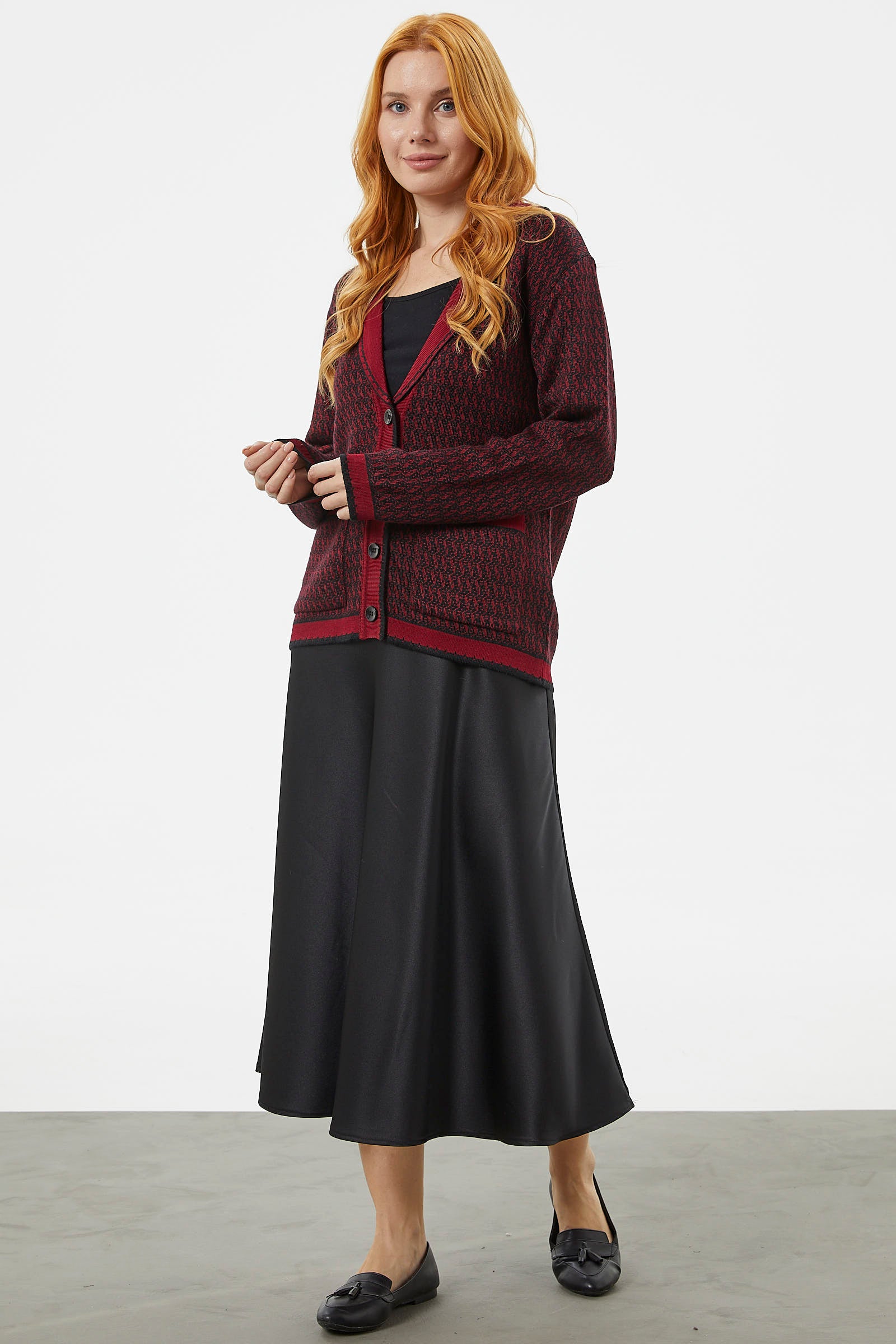 Şal Yaka Çift Renk Triko Ceket - Siyah (3) Sementa