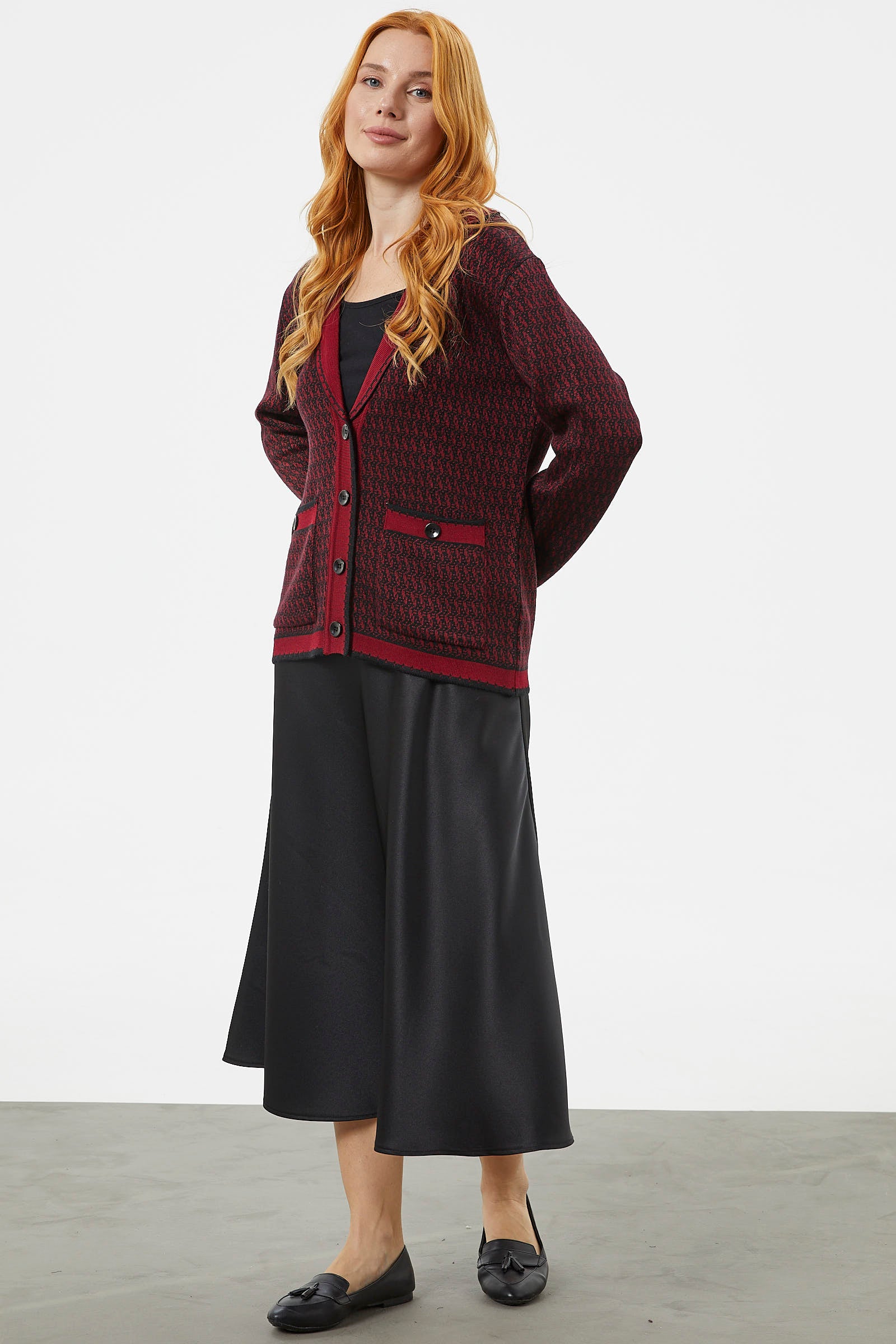 Şal Yaka Çift Renk Triko Ceket - Siyah (4) Sementa