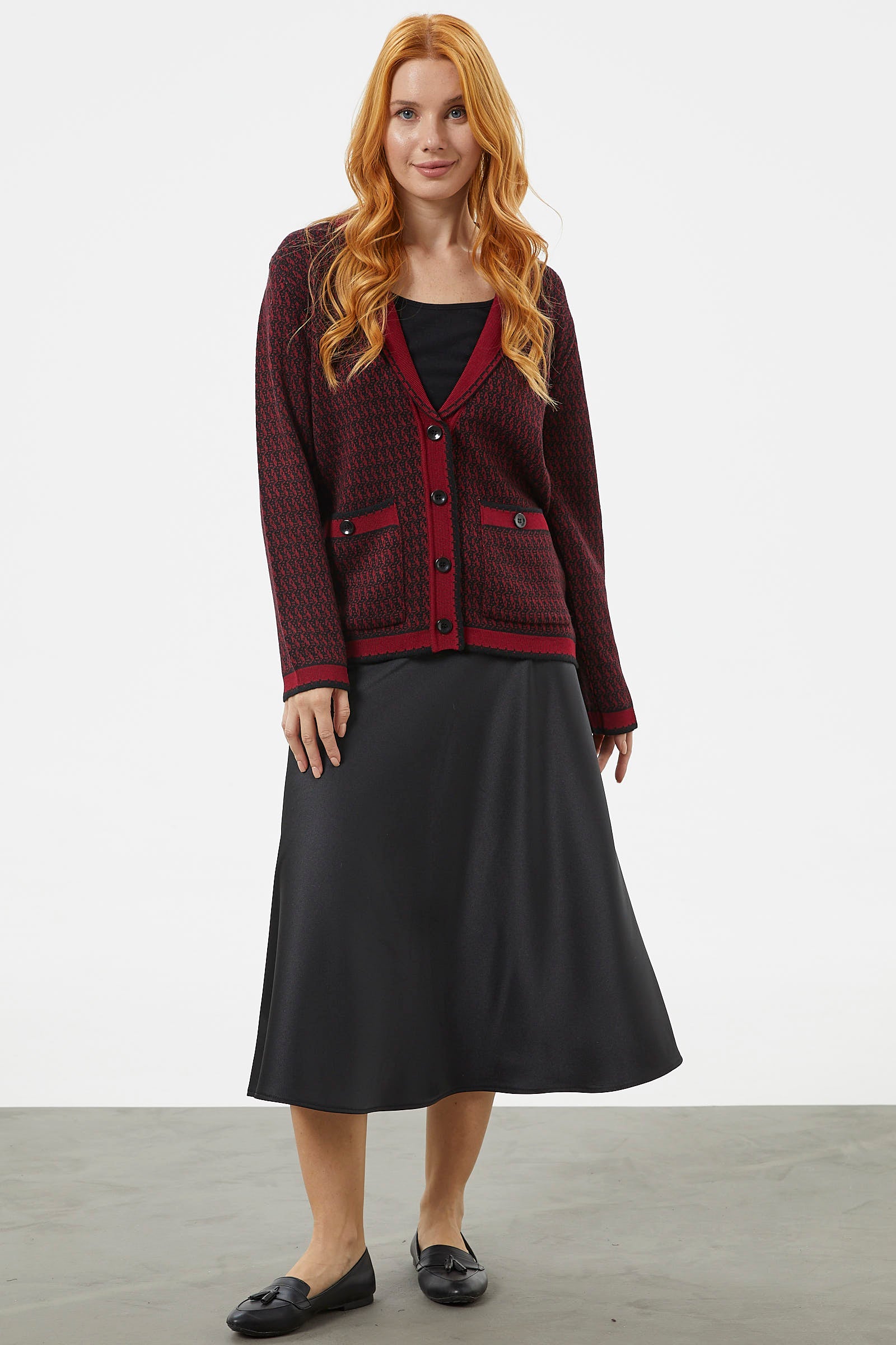 Şal Yaka Çift Renk Triko Ceket - Siyah (5) Sementa