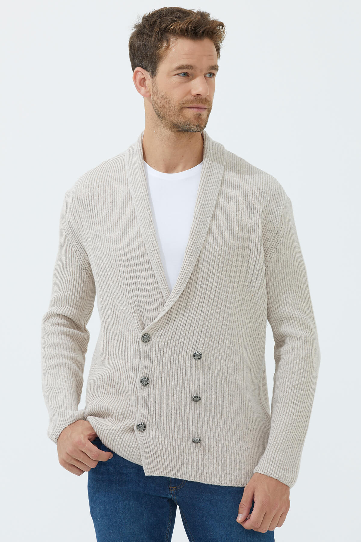 Şal Yaka Düğmeli Triko Hırka - Açık Bej (3) Sementa