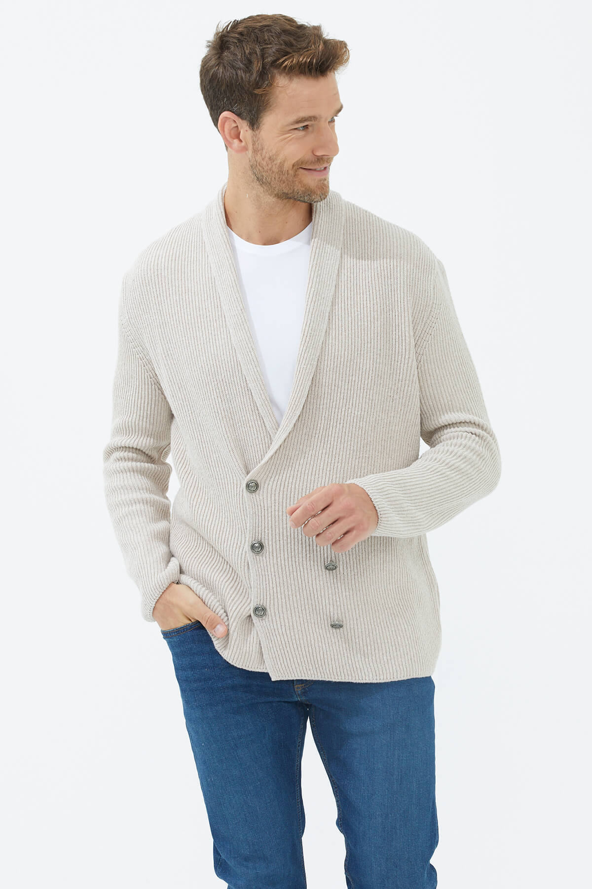 Şal Yaka Düğmeli Triko Hırka - Açık Bej (4) Sementa