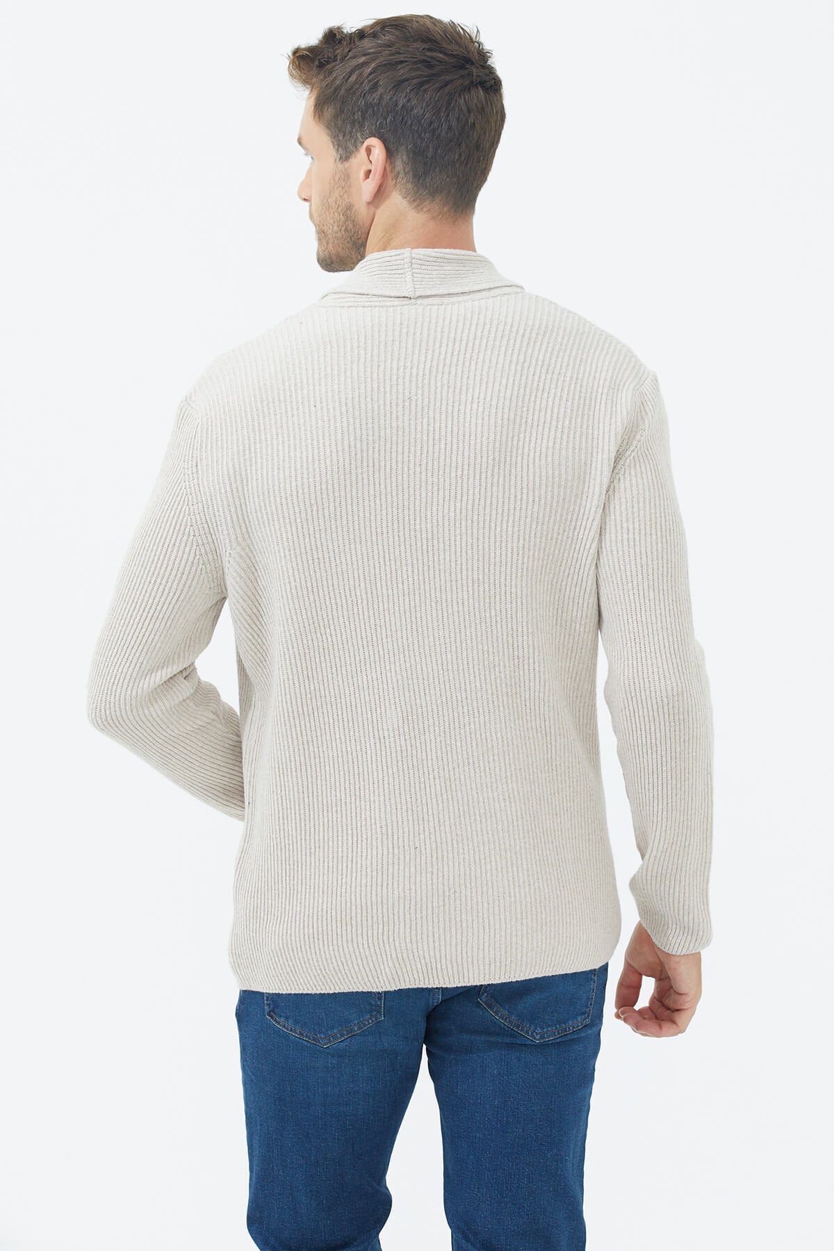 Şal Yaka Düğmeli Triko Hırka - Açık Bej (5) Sementa