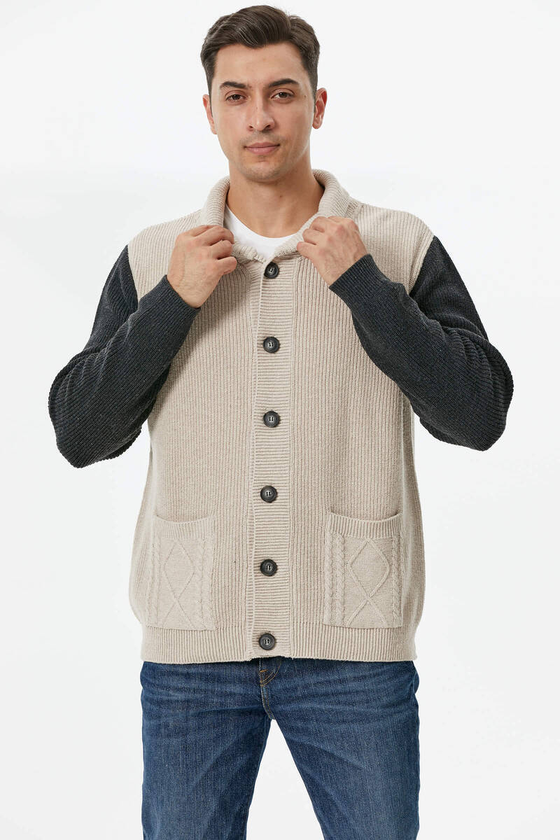 Şal Yaka Düğmeli Triko Hırka - Bej - Antrasit (4) Sementa