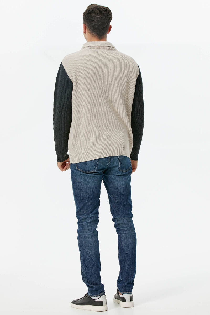 Şal Yaka Düğmeli Triko Hırka - Bej - Antrasit (5) Sementa