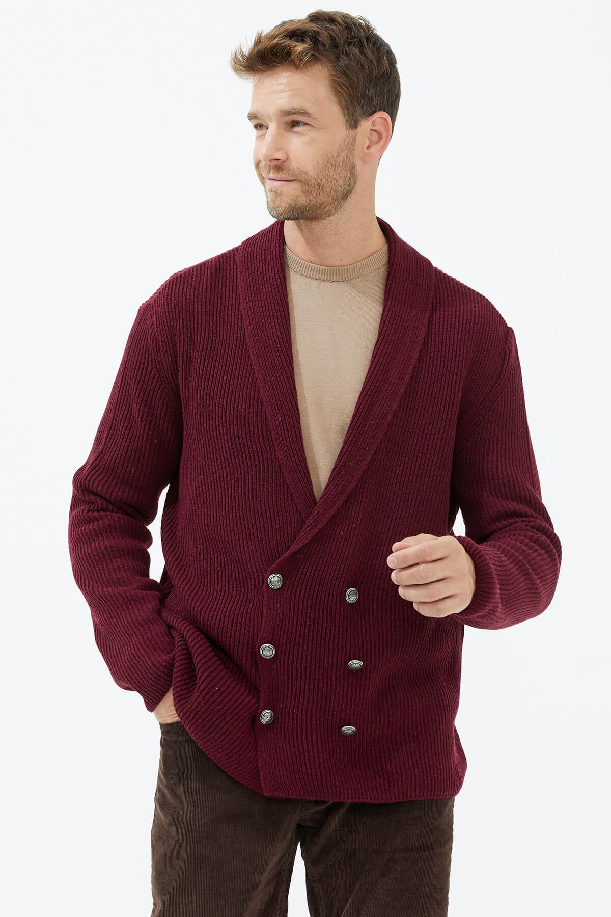 Şal Yaka Düğmeli Triko Hırka - Bordo (3) Sementa