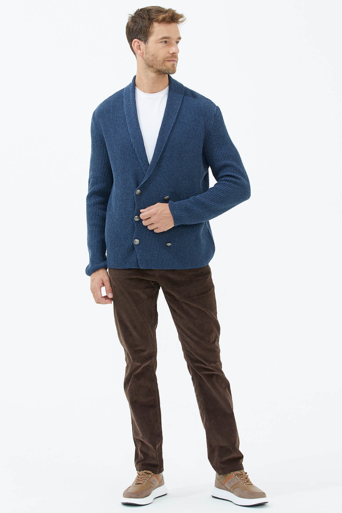 Şal Yaka Düğmeli Triko Hırka - Indigo (3) Sementa