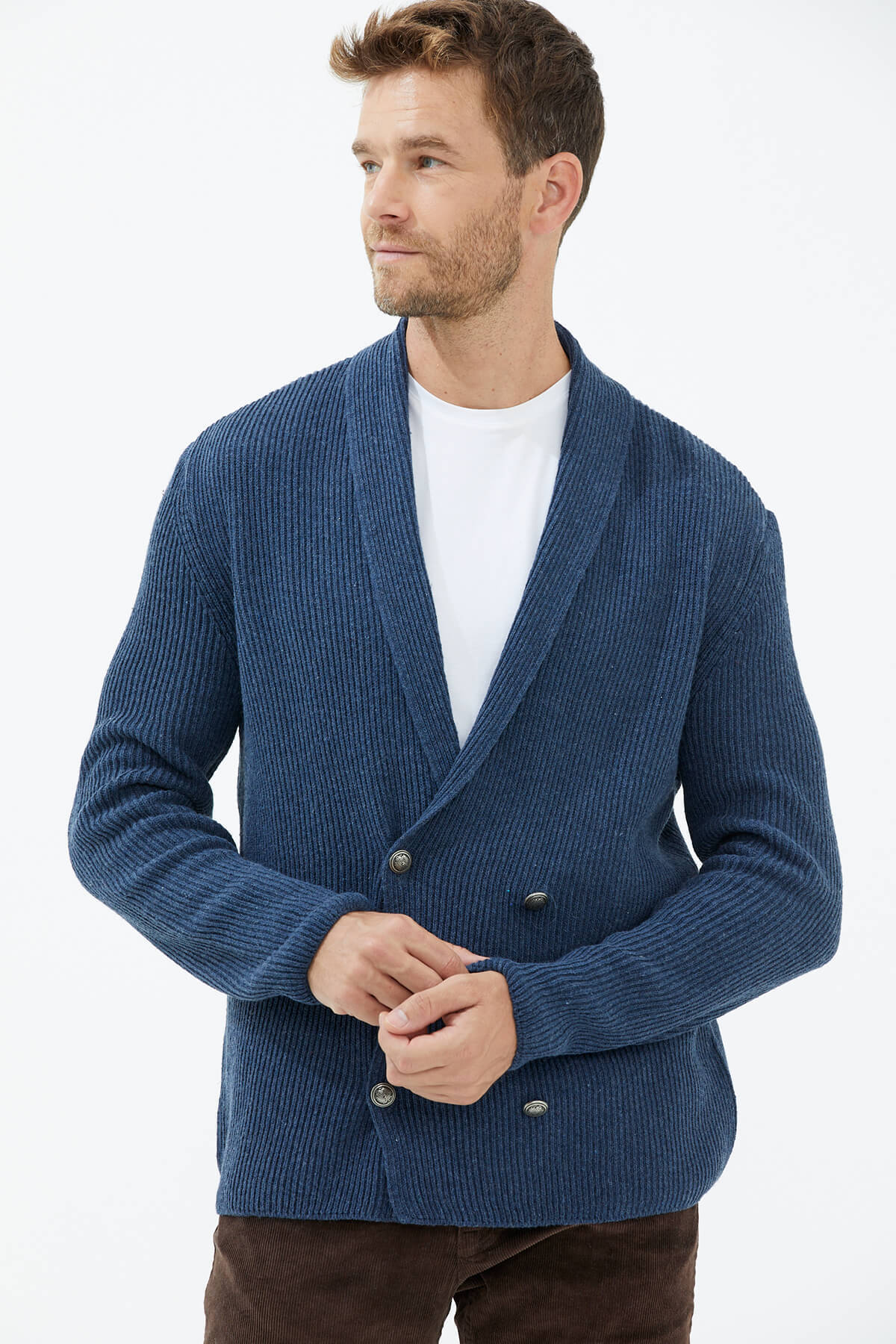 Şal Yaka Düğmeli Triko Hırka - Indigo (4) Sementa