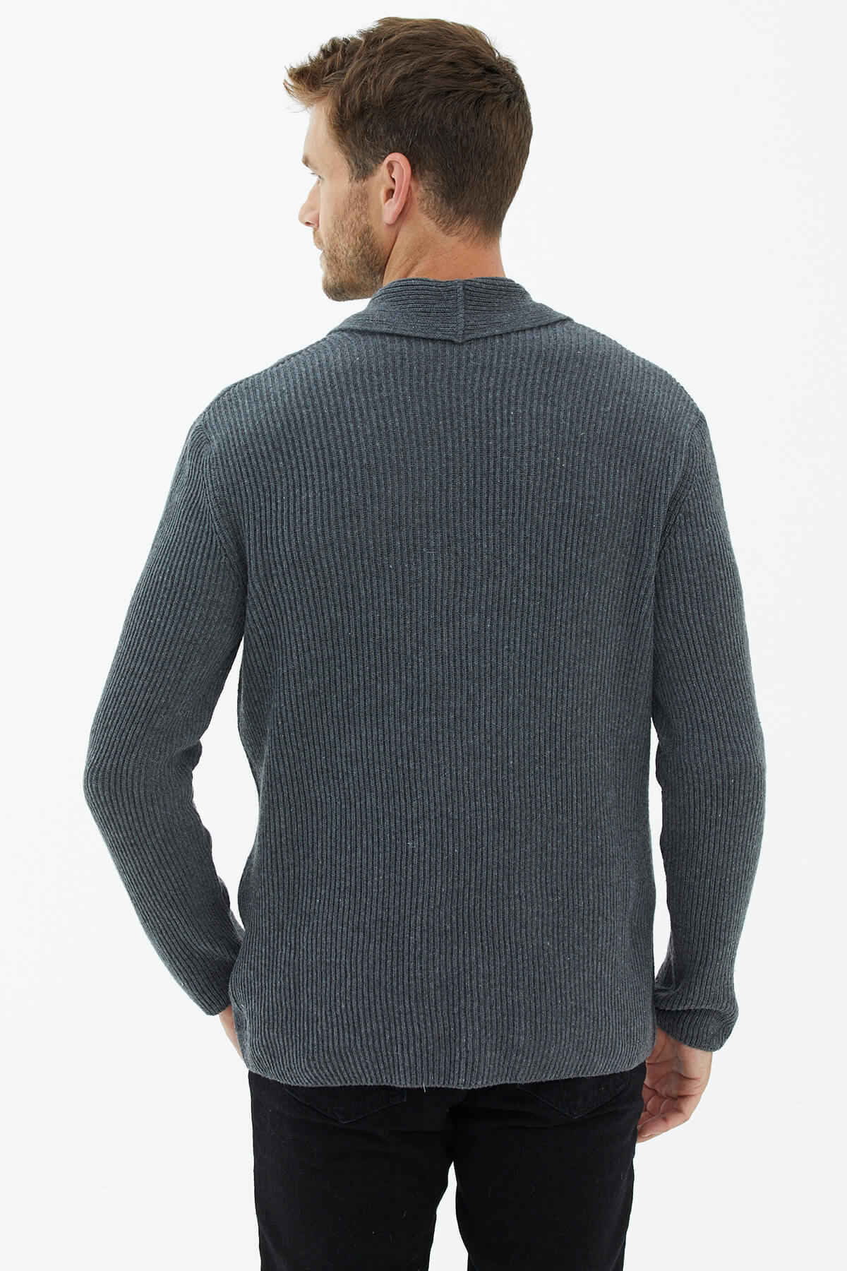 Şal Yaka Düğmeli Triko Hırka - Koyu Gri (4) Sementa