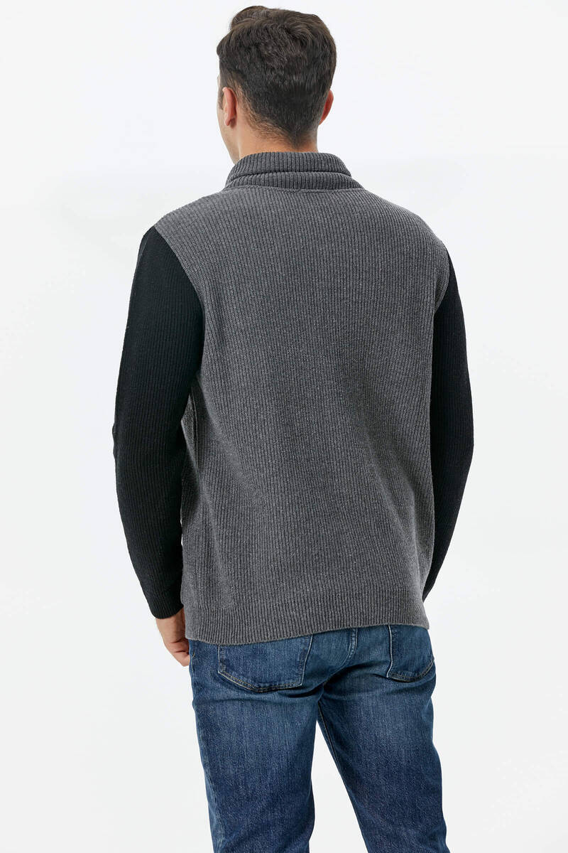 Şal Yaka Düğmeli Triko Hırka - Koyu Gri - Siyah (4) Sementa