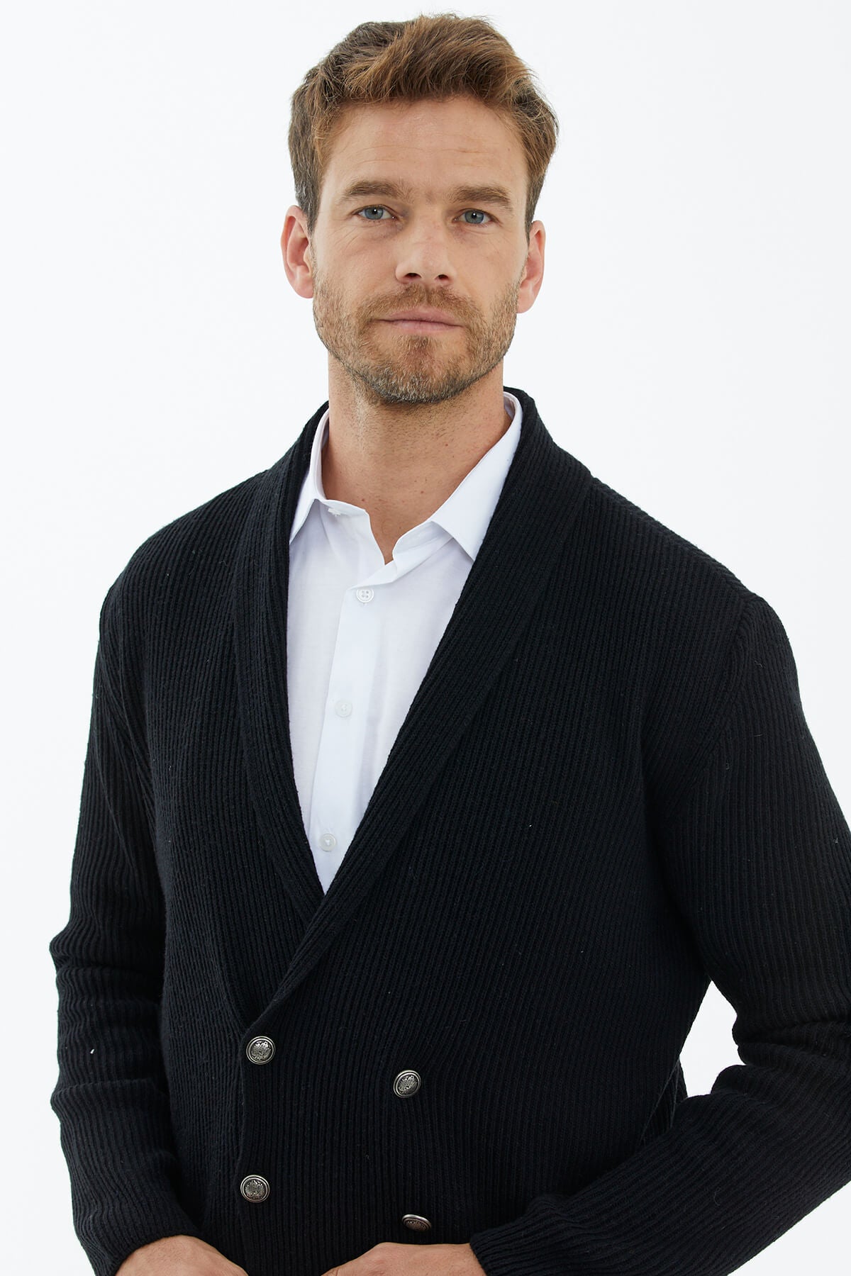 Şal Yaka Düğmeli Triko Hırka - Siyah (3) Sementa