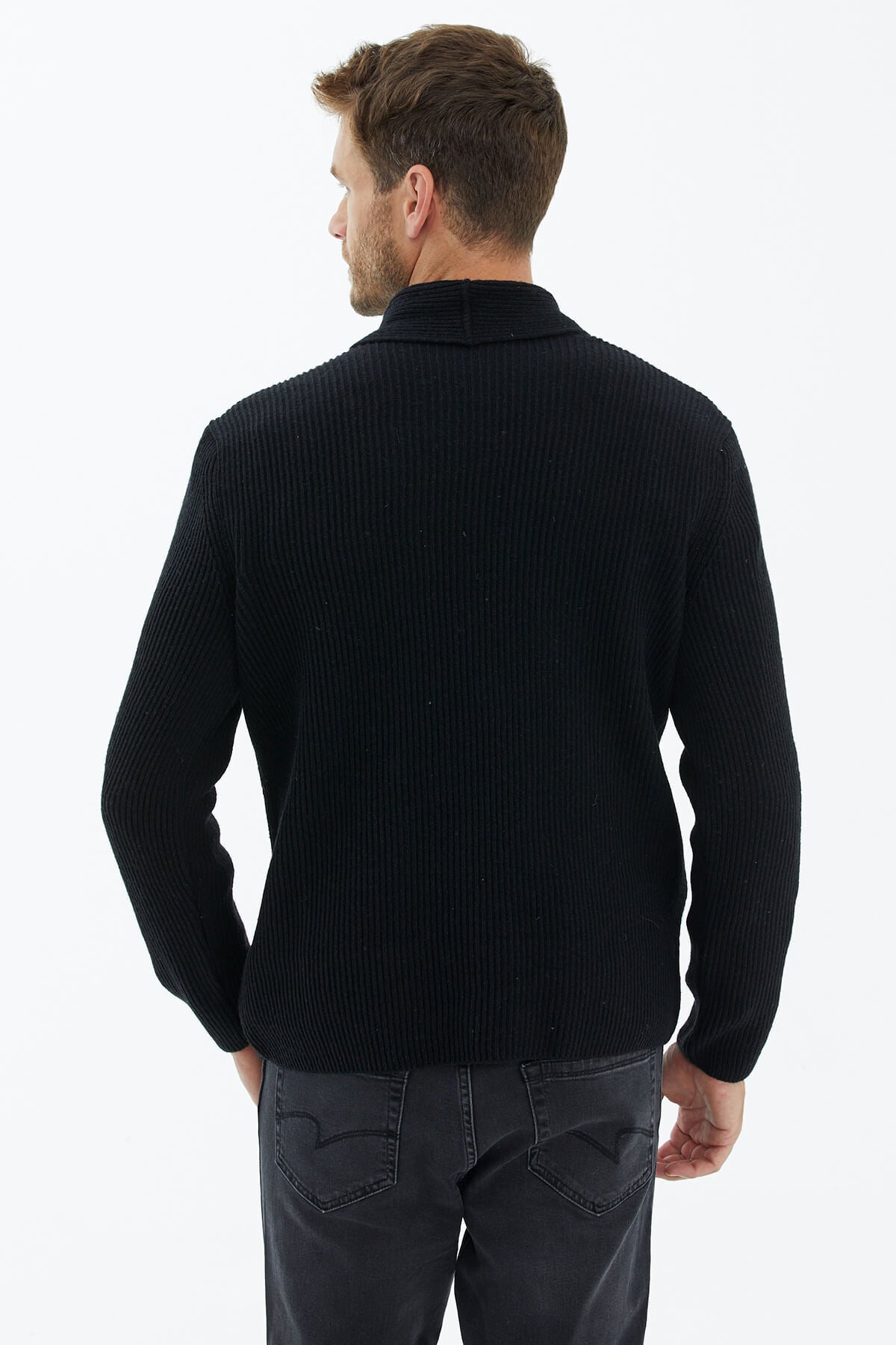 Şal Yaka Düğmeli Triko Hırka - Siyah (4) Sementa