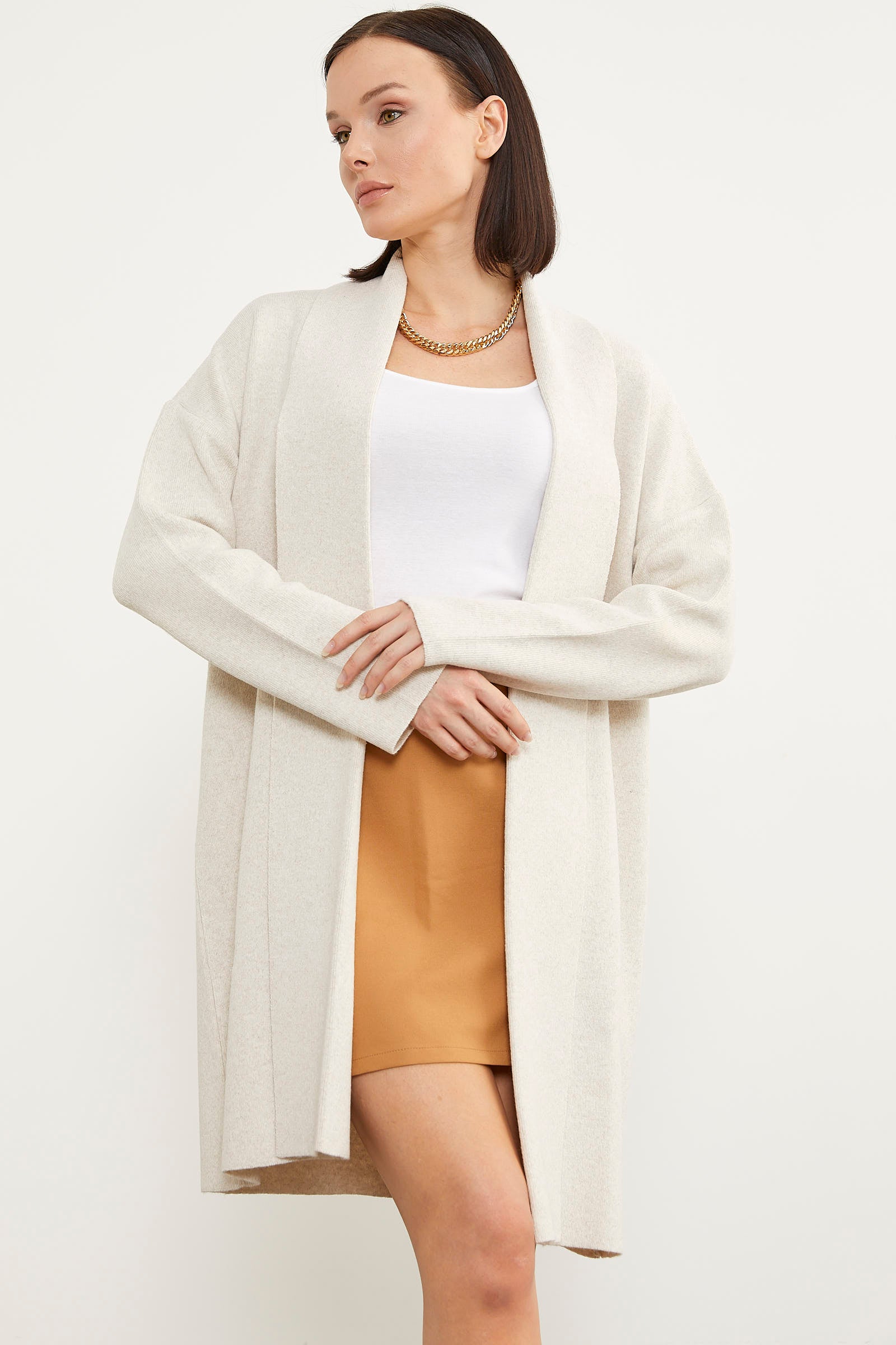 Şal Yaka Düz Uzun Triko Hırka - Açık Bej (4) Sementa