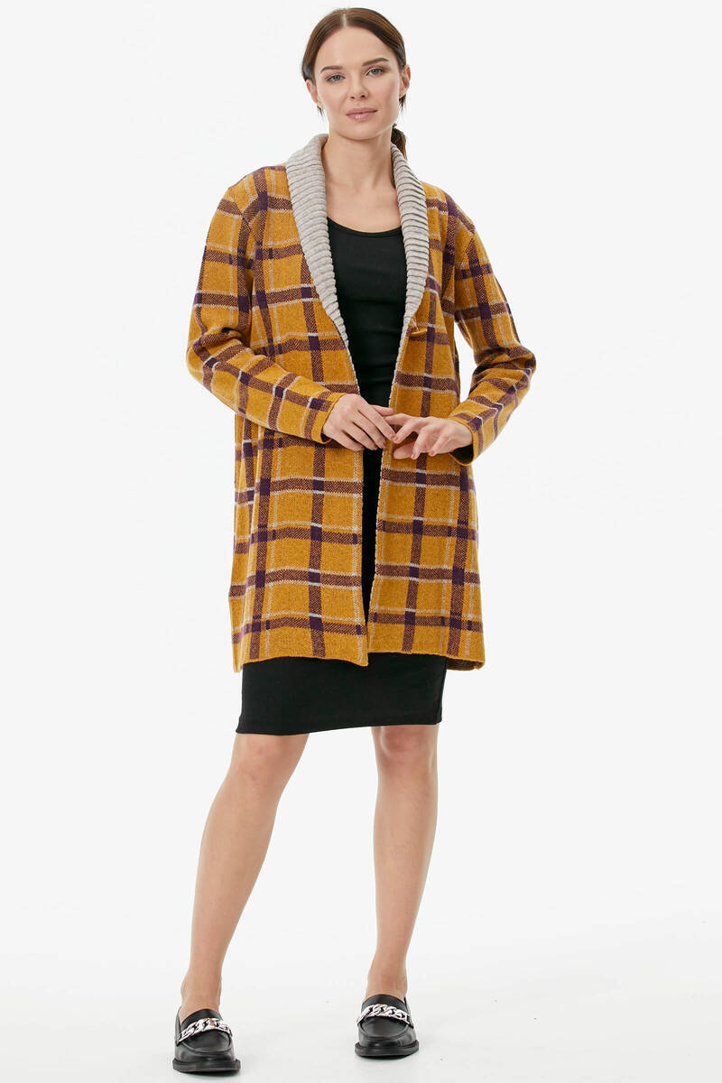 Şal Yaka Ekose Desen Triko Uzun Ceket - Güneş (3) Sementa