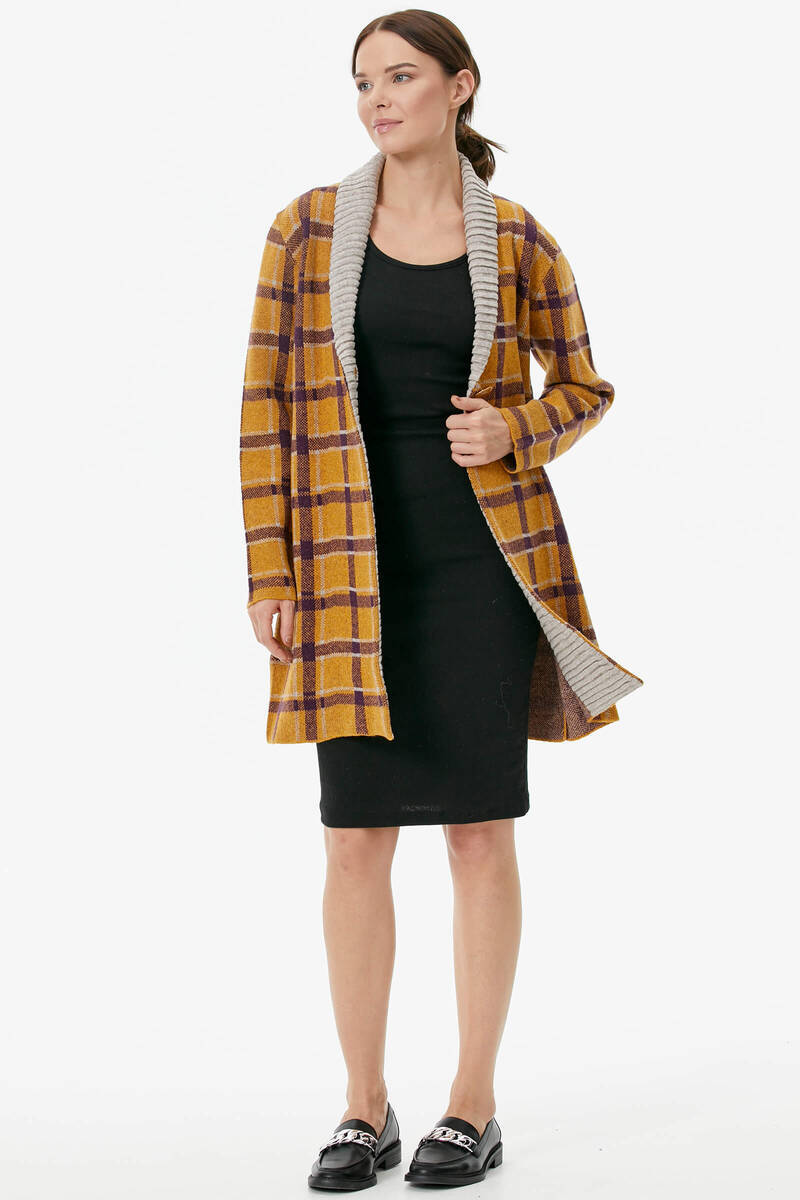Şal Yaka Ekose Desen Triko Uzun Ceket - Güneş (4) Sementa