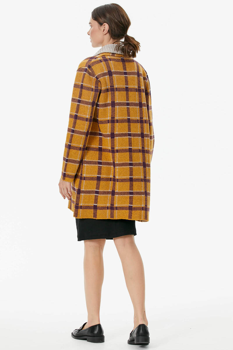Şal Yaka Ekose Desen Triko Uzun Ceket - Güneş (5) Sementa
