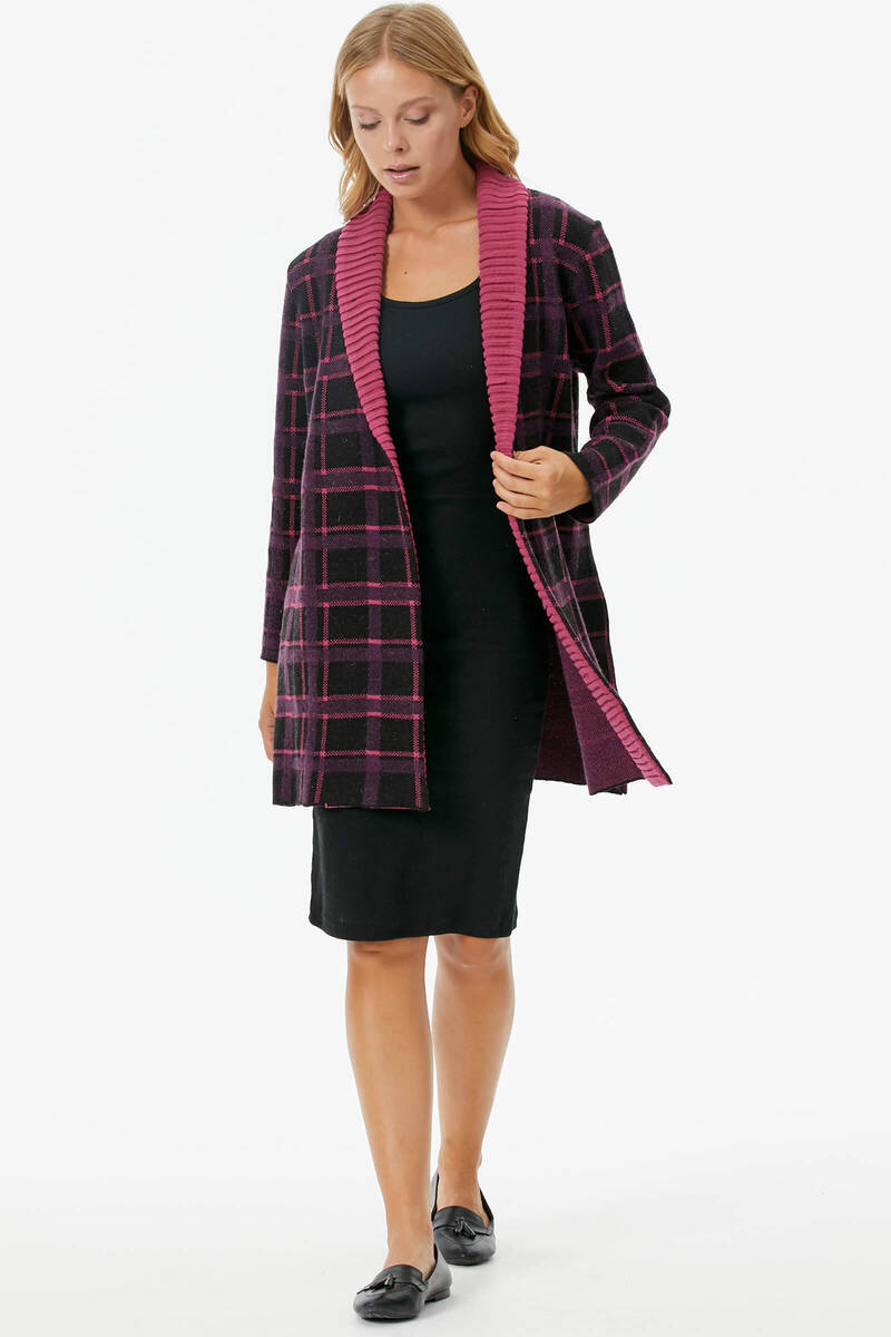 Şal Yaka Ekose Desen Triko Uzun Ceket - Siyah (3) Sementa