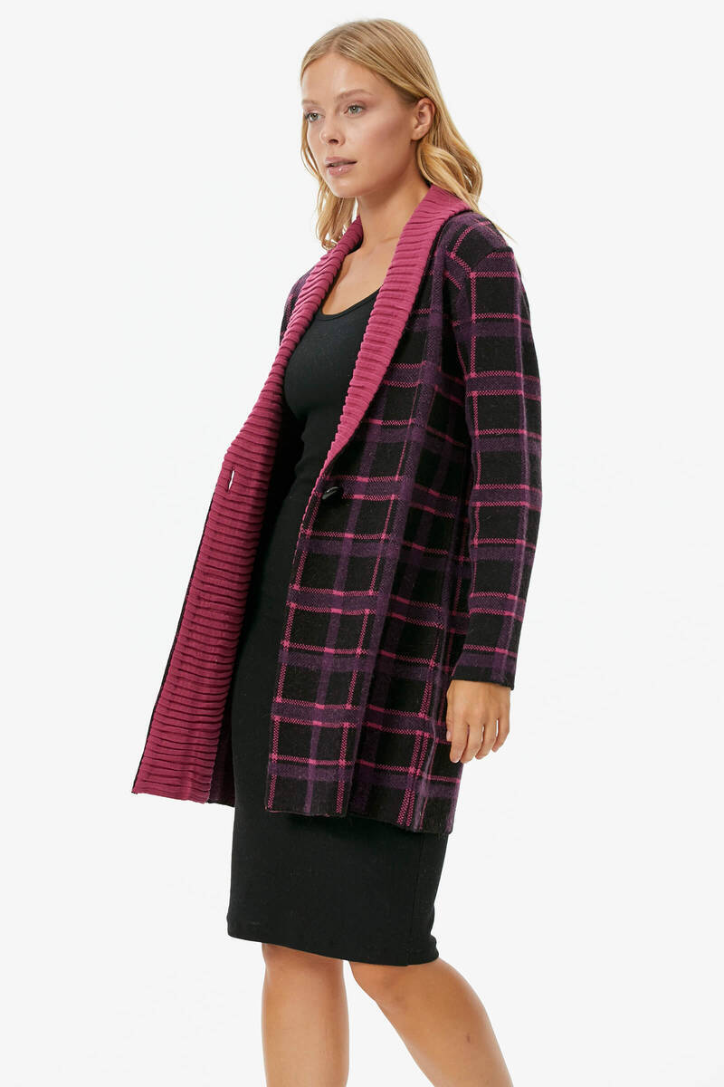 Şal Yaka Ekose Desen Triko Uzun Ceket - Siyah (4) Sementa