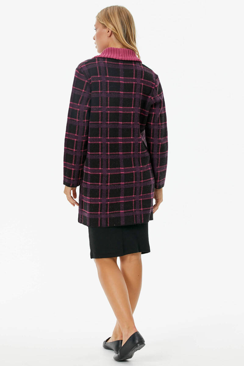 Şal Yaka Ekose Desen Triko Uzun Ceket - Siyah (5) Sementa