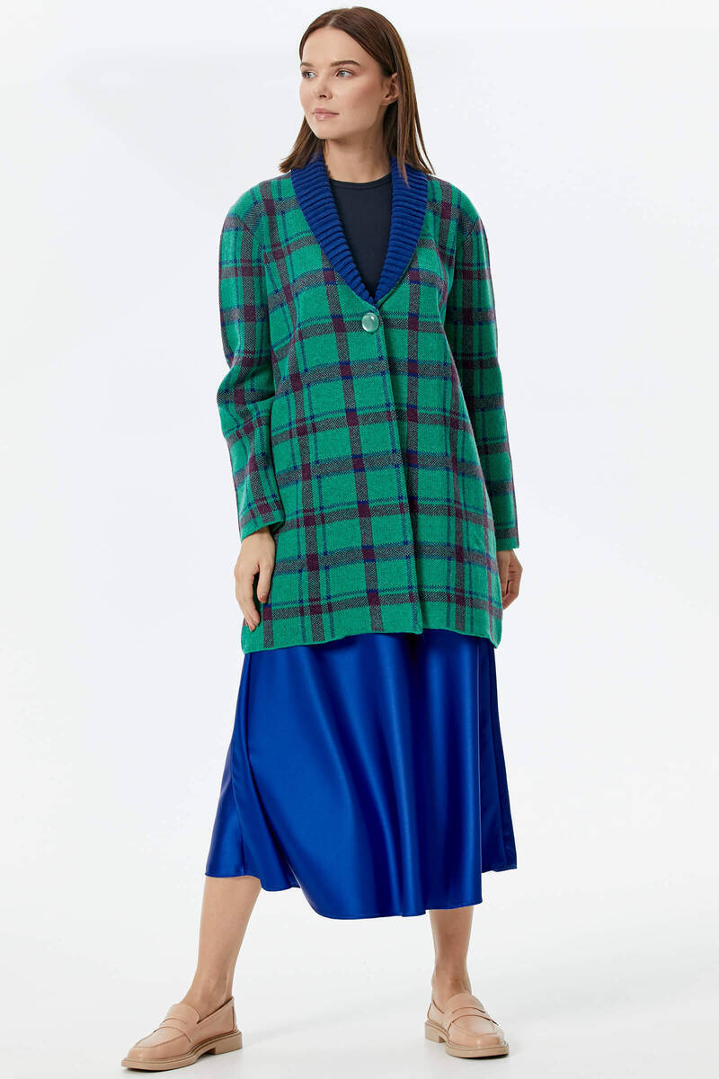 Şal Yaka Ekose Desen Triko Uzun Ceket - Yeşil (3) Sementa