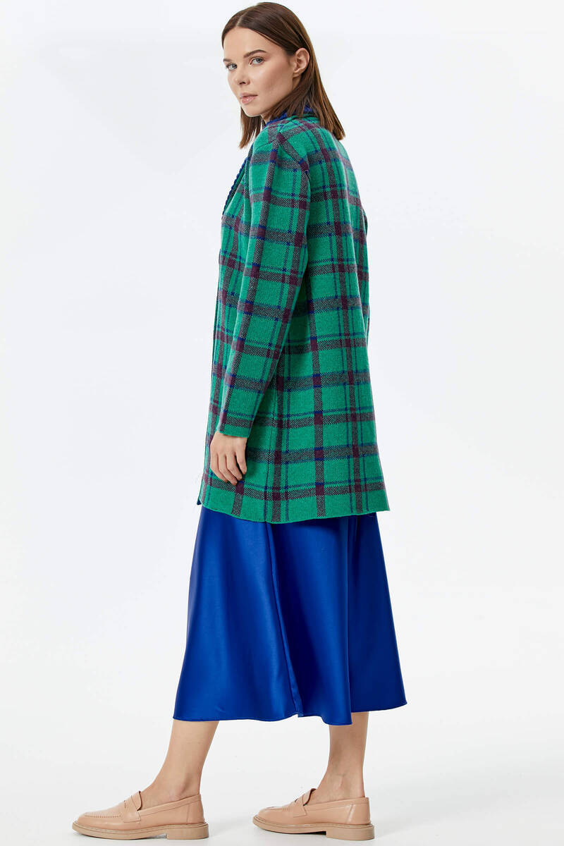 Şal Yaka Ekose Desen Triko Uzun Ceket - Yeşil (4) Sementa