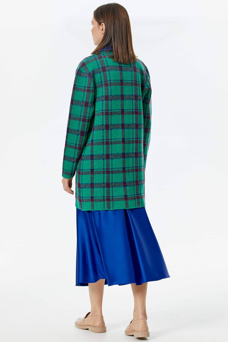 Şal Yaka Ekose Desen Triko Uzun Ceket - Yeşil (5) Sementa