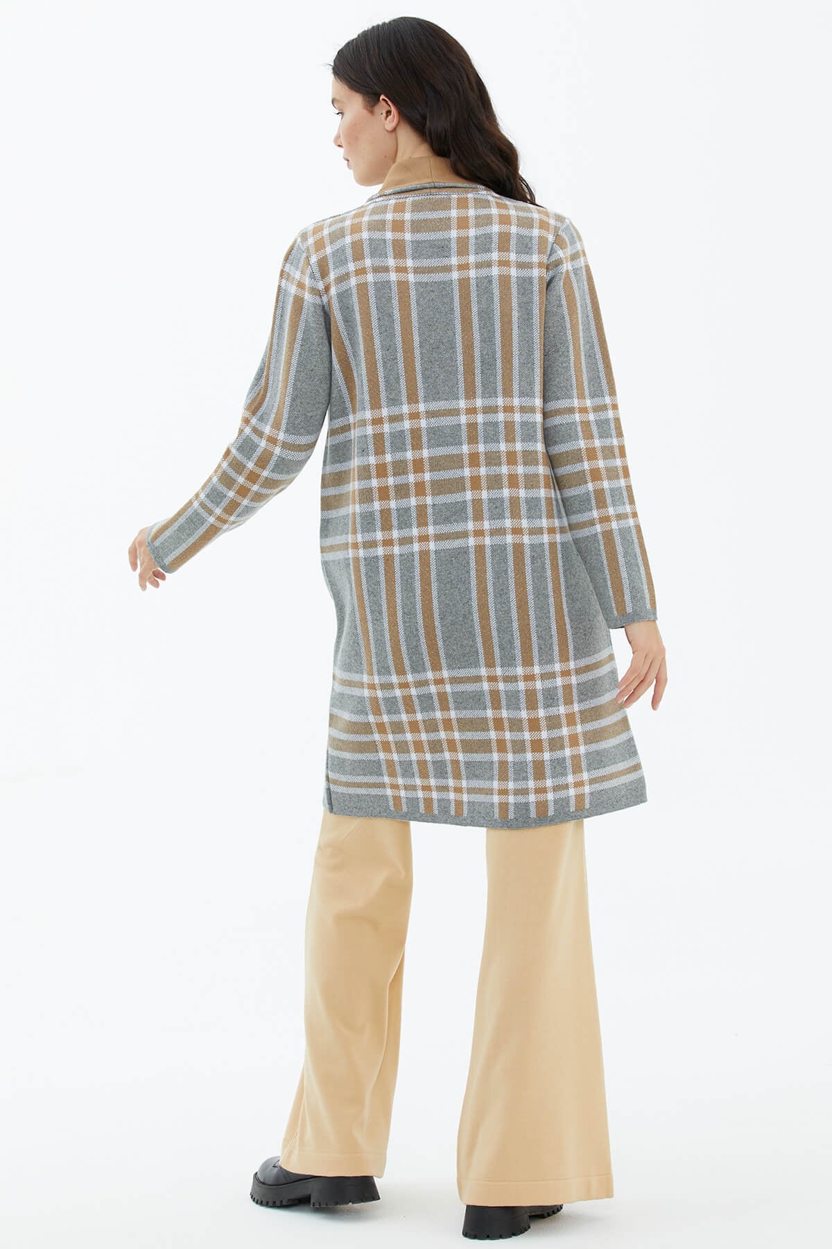 Şal Yaka Ekose Desenli Triko Hırka - Gri (4) Sementa