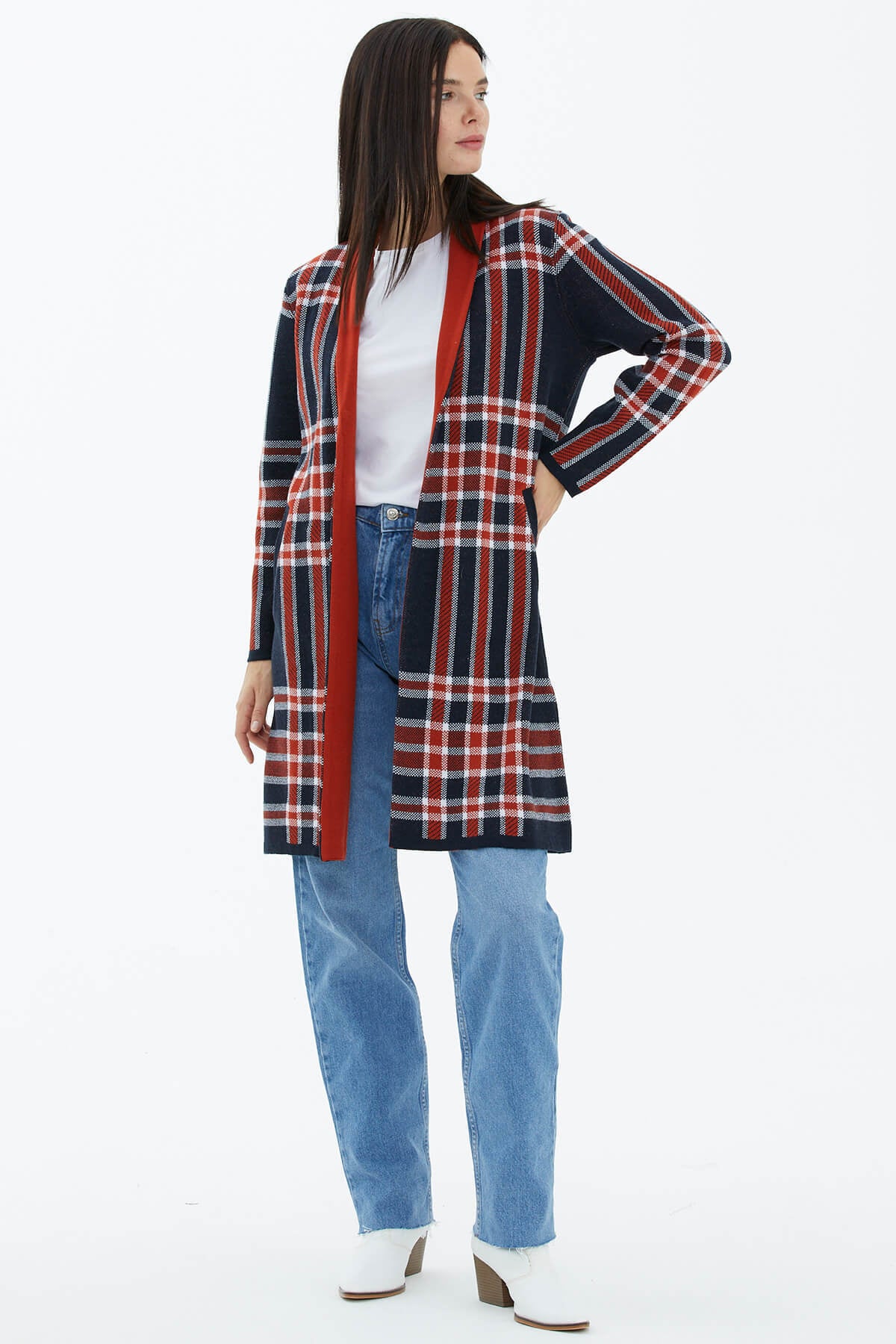 Şal Yaka Ekose Desenli Triko Hırka - Lacivert (3) Sementa