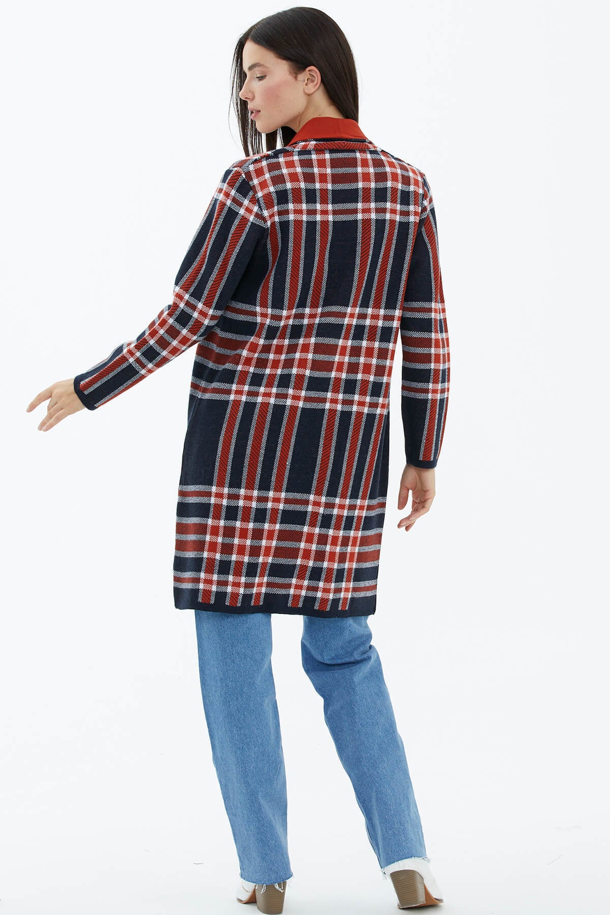 Şal Yaka Ekose Desenli Triko Hırka - Lacivert (4) Sementa