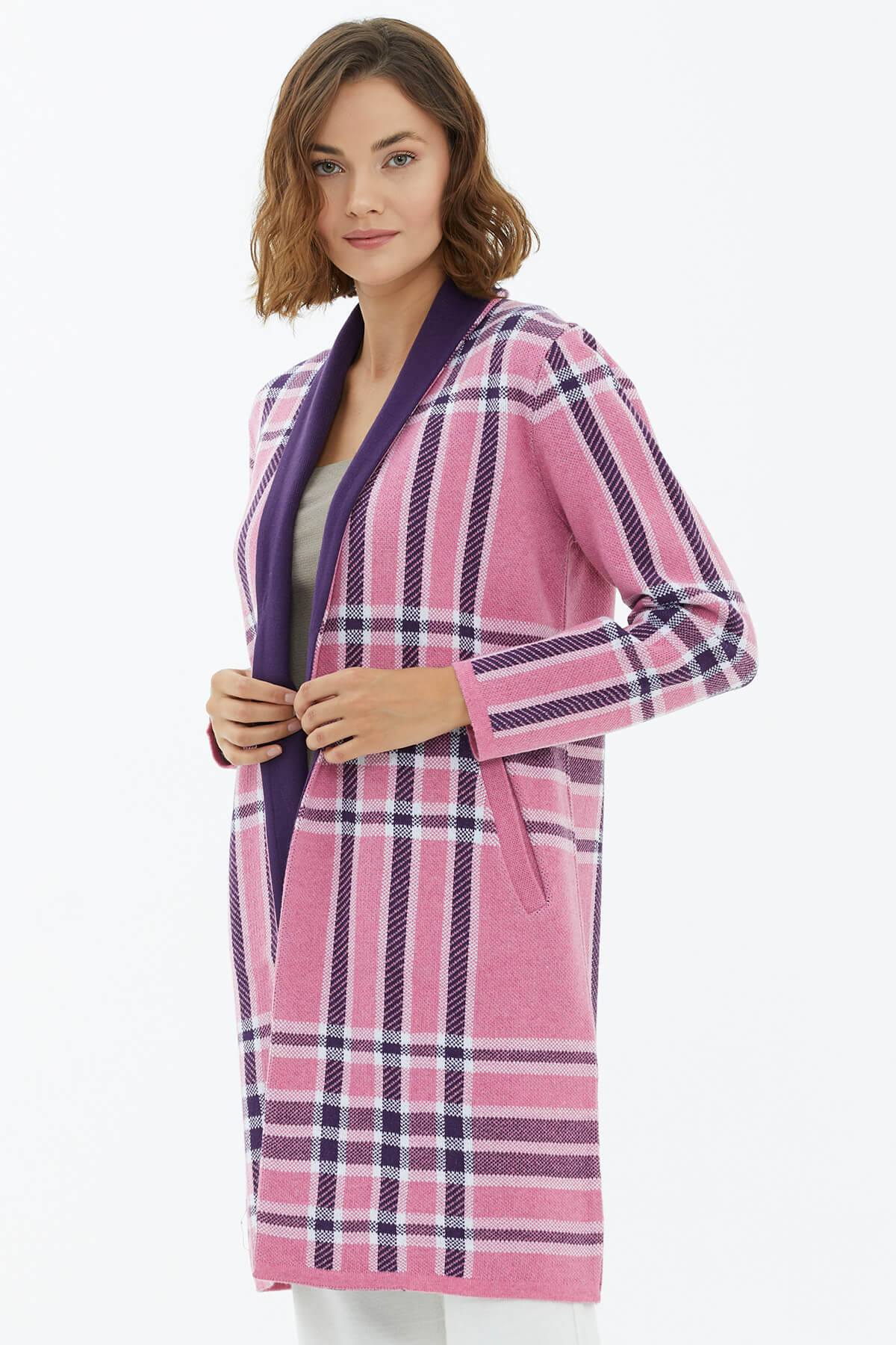 Şal Yaka Ekose Desenli Triko Hırka - Pembe (3) Sementa