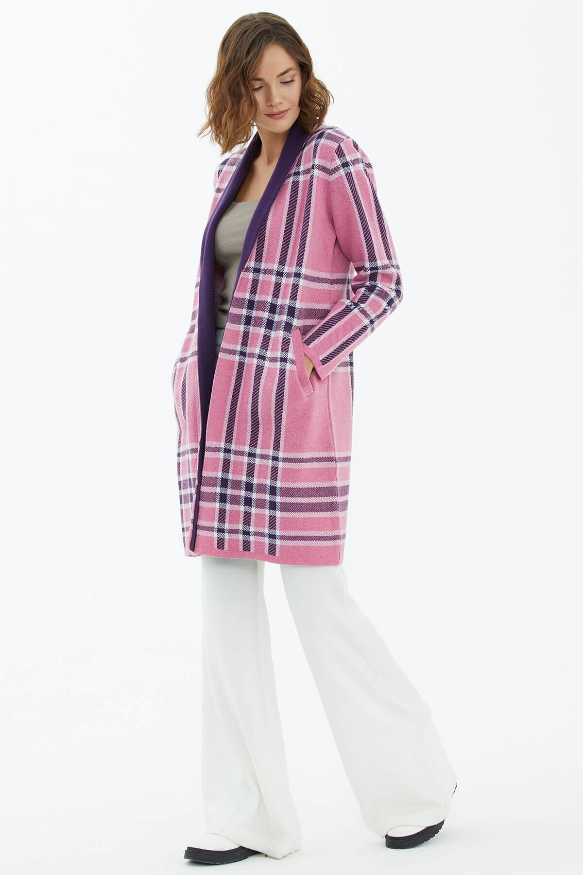 Şal Yaka Ekose Desenli Triko Hırka - Pembe (4) Sementa