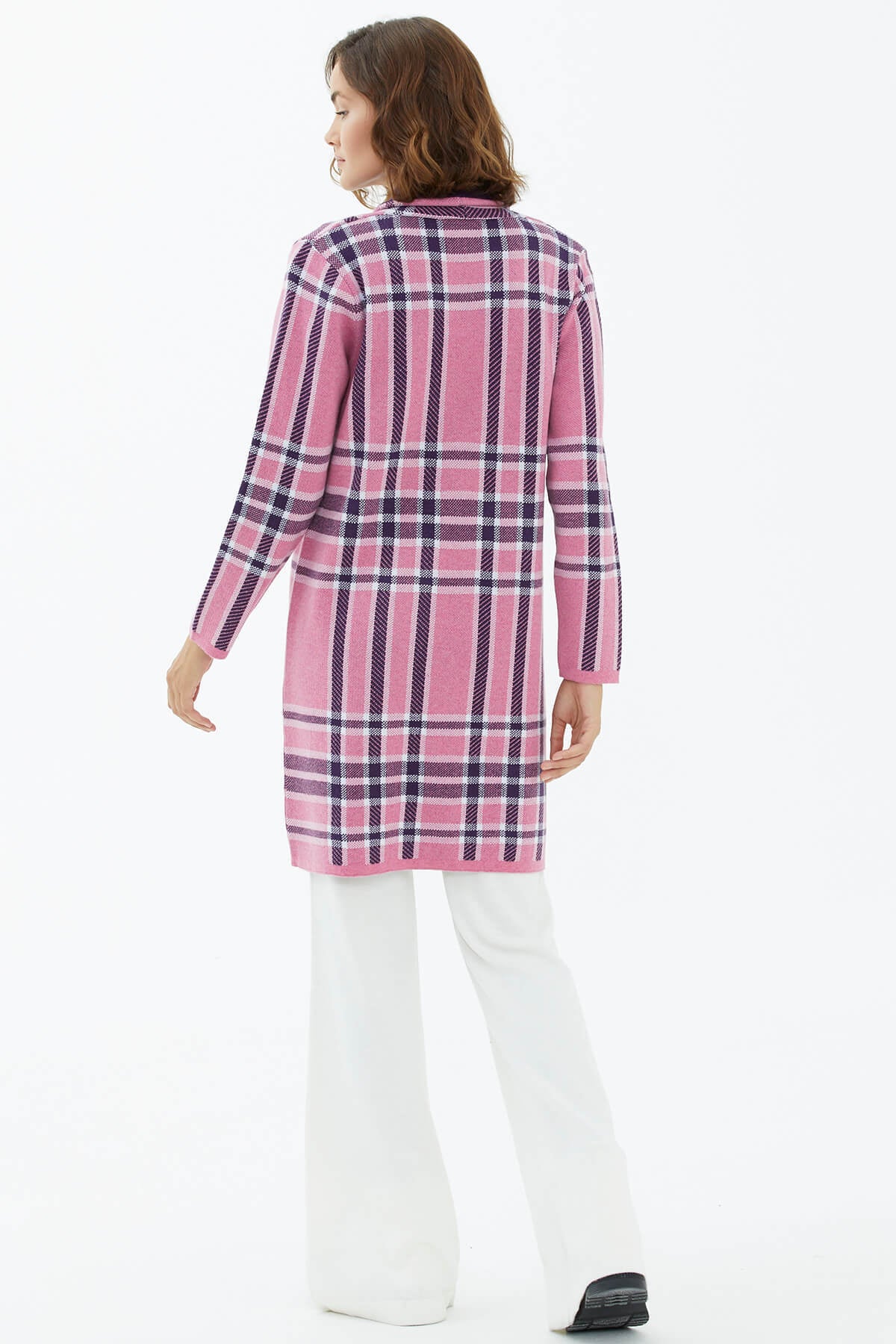 Şal Yaka Ekose Desenli Triko Hırka - Pembe (5) Sementa