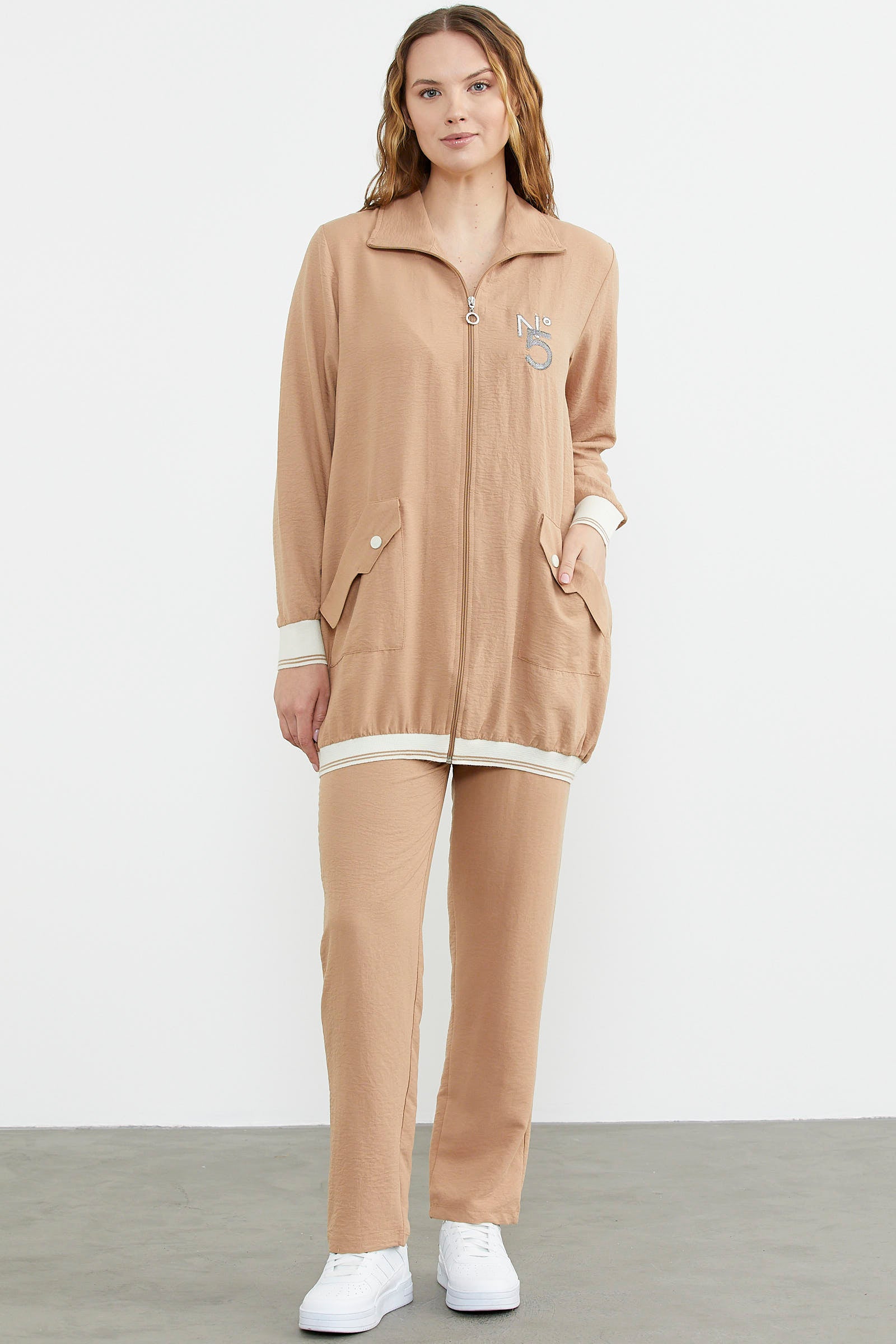 Şal Yaka Fermuarlı Krep Takım - Kamel (2) Sementa